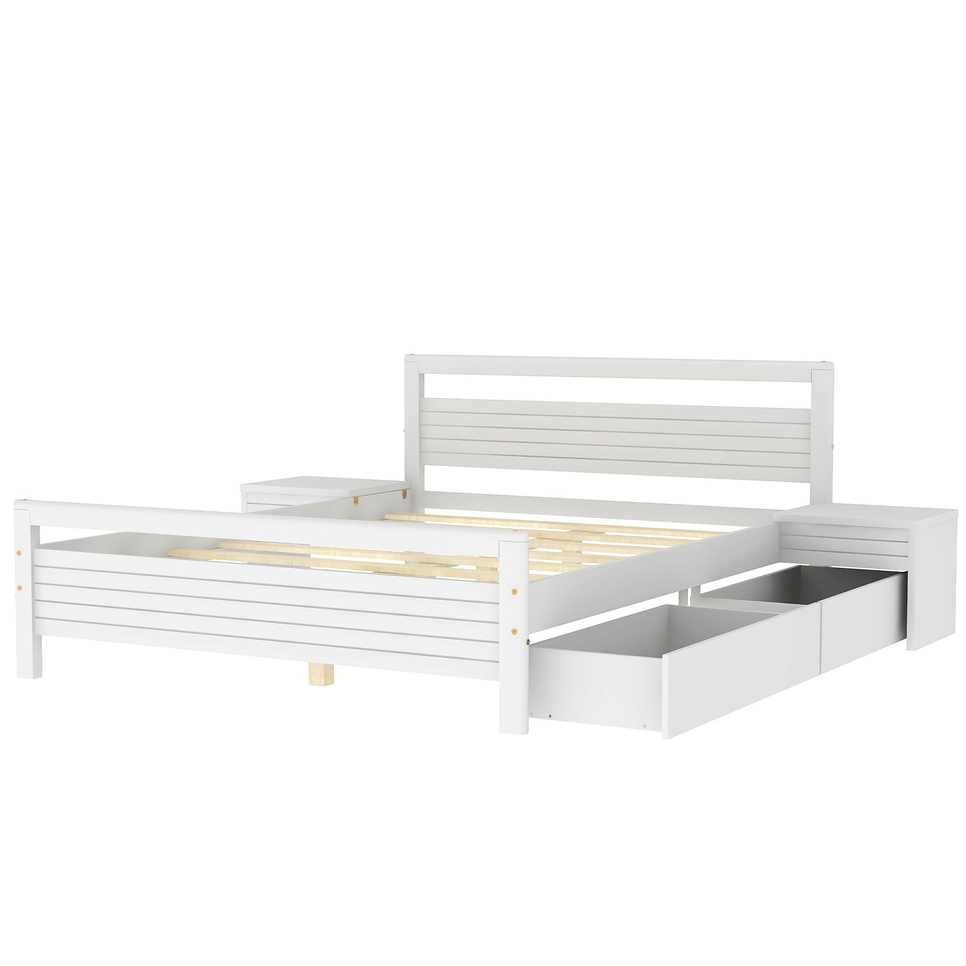 Queen Size Wooden Platform Bed With 2 Storage Drawers And 2 Bedside Tables, White Queen White Pine
