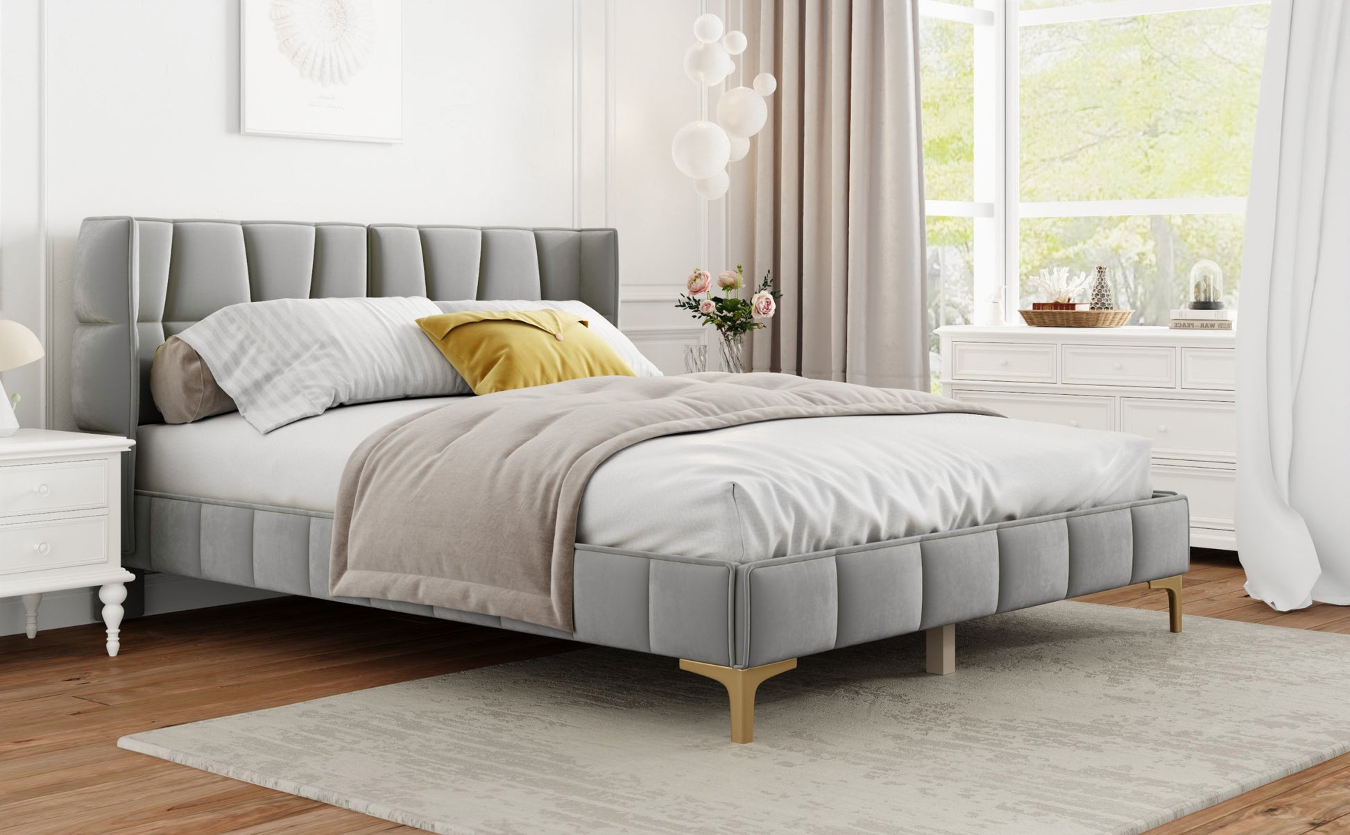 Queen Size Upholstered Velvet Platform Bed, Gray Box Spring Not Required Queen Gray Wood Bedroom Bed Frame Velvet Upholstered