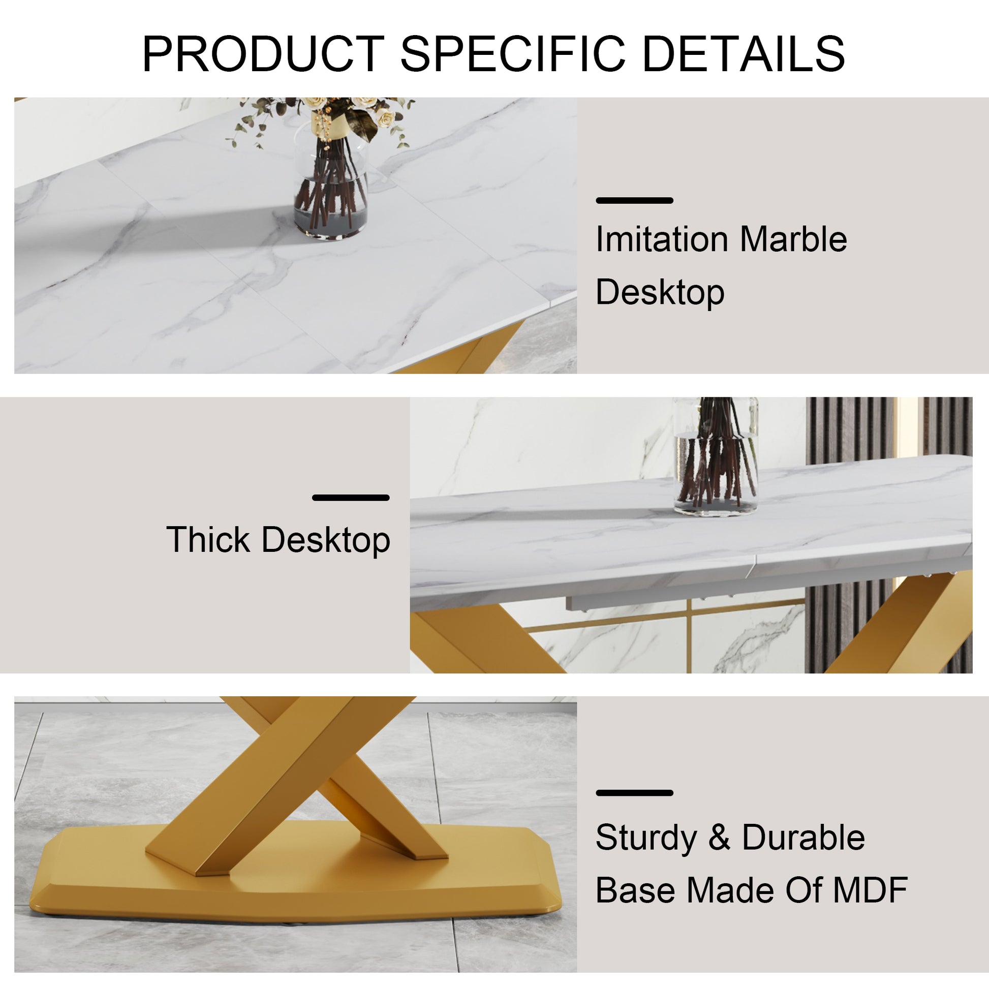 Table And Chair Set, The Table Is Equipped With A Marble Patterned Mdf Tabletop And Gold Table Legs.Dining Chairs,Gold Legged Upholstered Chairs Made Of Artificial Leather. Grey Gold Seats 4 Mdf