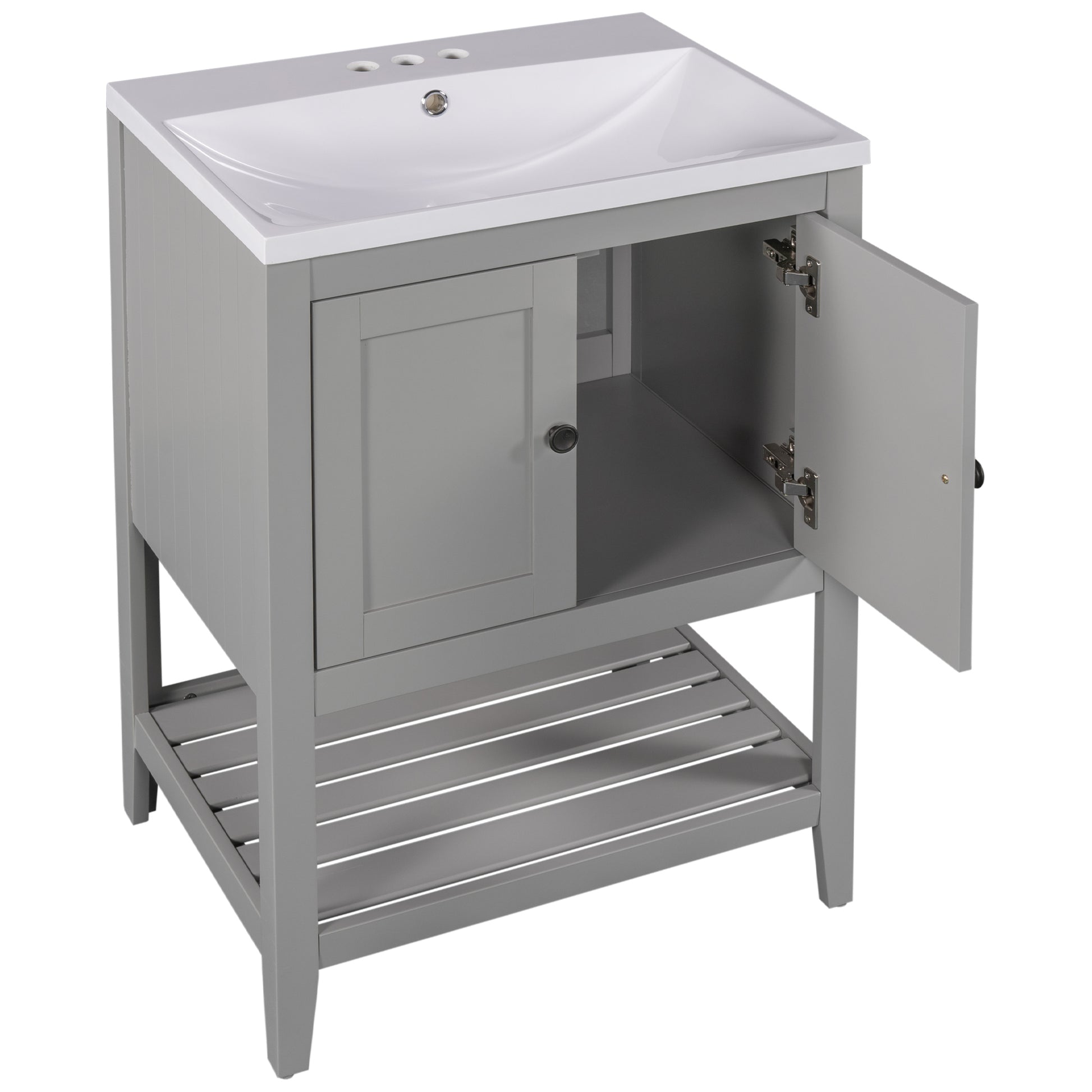 Video 24" Grey Modern Sleek Bathroom Vanity Elegant Ceramic Sink With Solid Wood Frame Open Style Shelf Old Sku: Jl000004Aae Grey Solid Wood