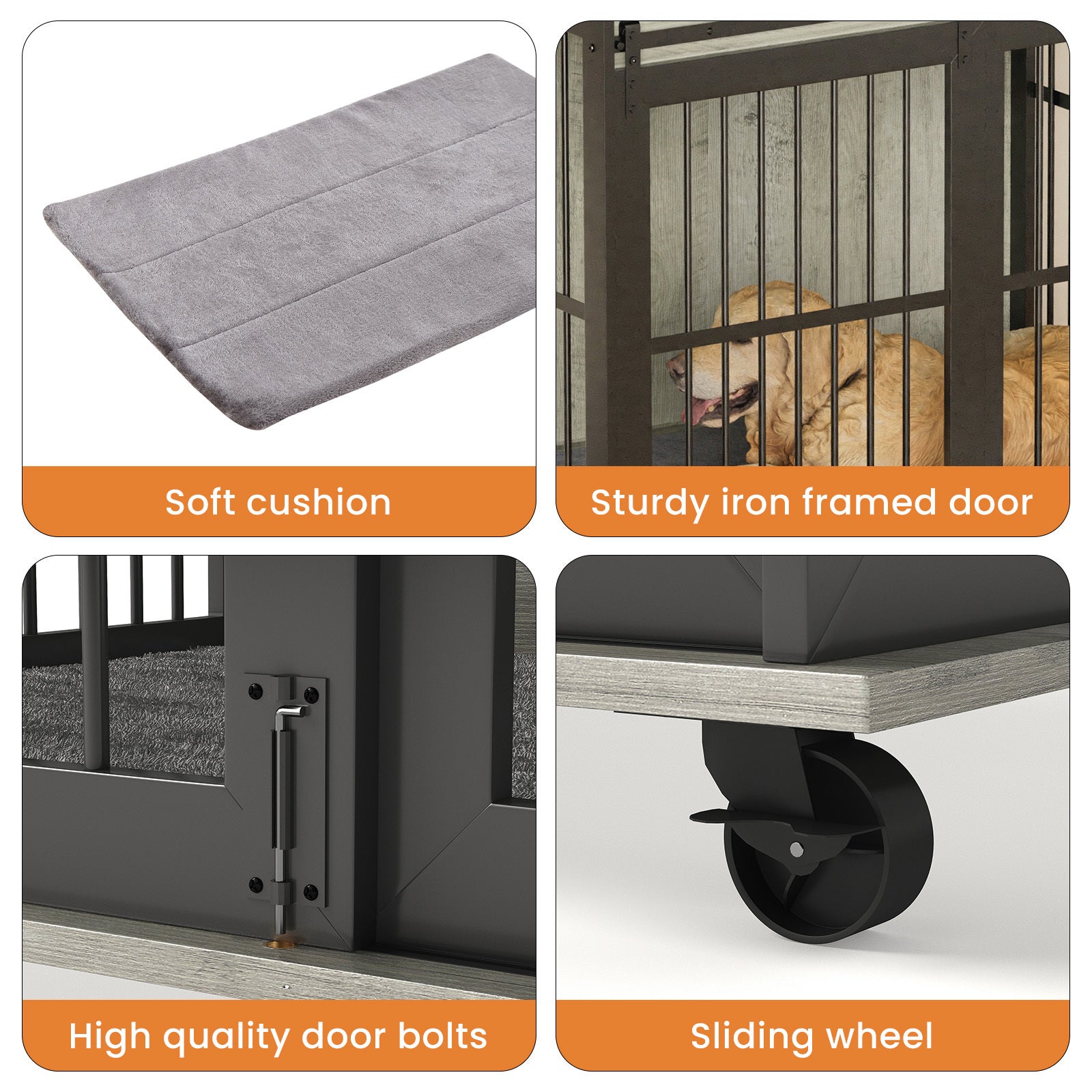 Furniture Dog Crate Sliding Iron Door Dog Crate With Mat. Grey,43.7''W X 30''D X 33.7''H Grey Dog Particle Board