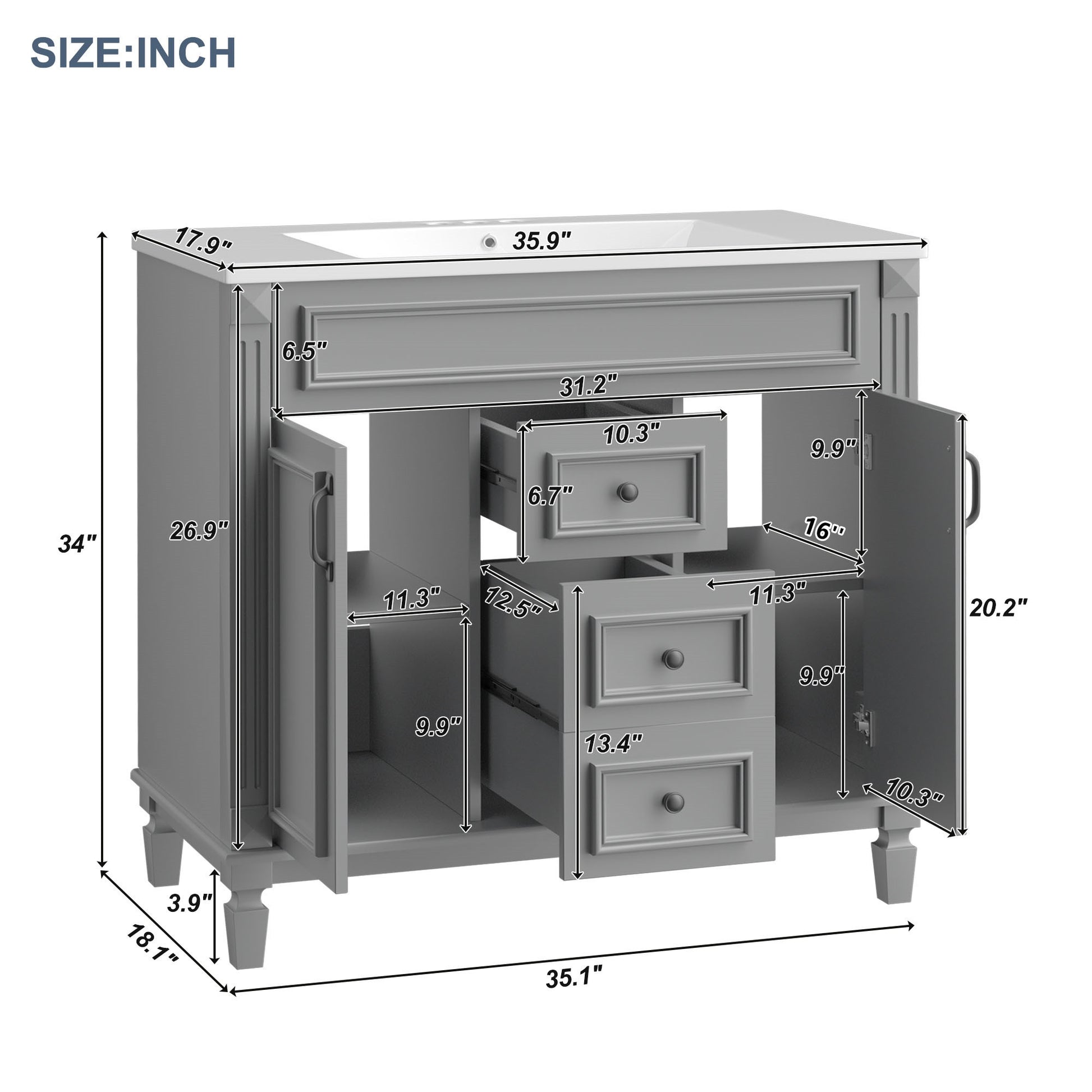 36'' Bathroom Vanity With Top Sink, Modern Bathroom Storage Cabinet With 2 Soft Closing Doors And 2 Drawers, Single Sink Bathroom Vanity Grey Bathroom Mdf