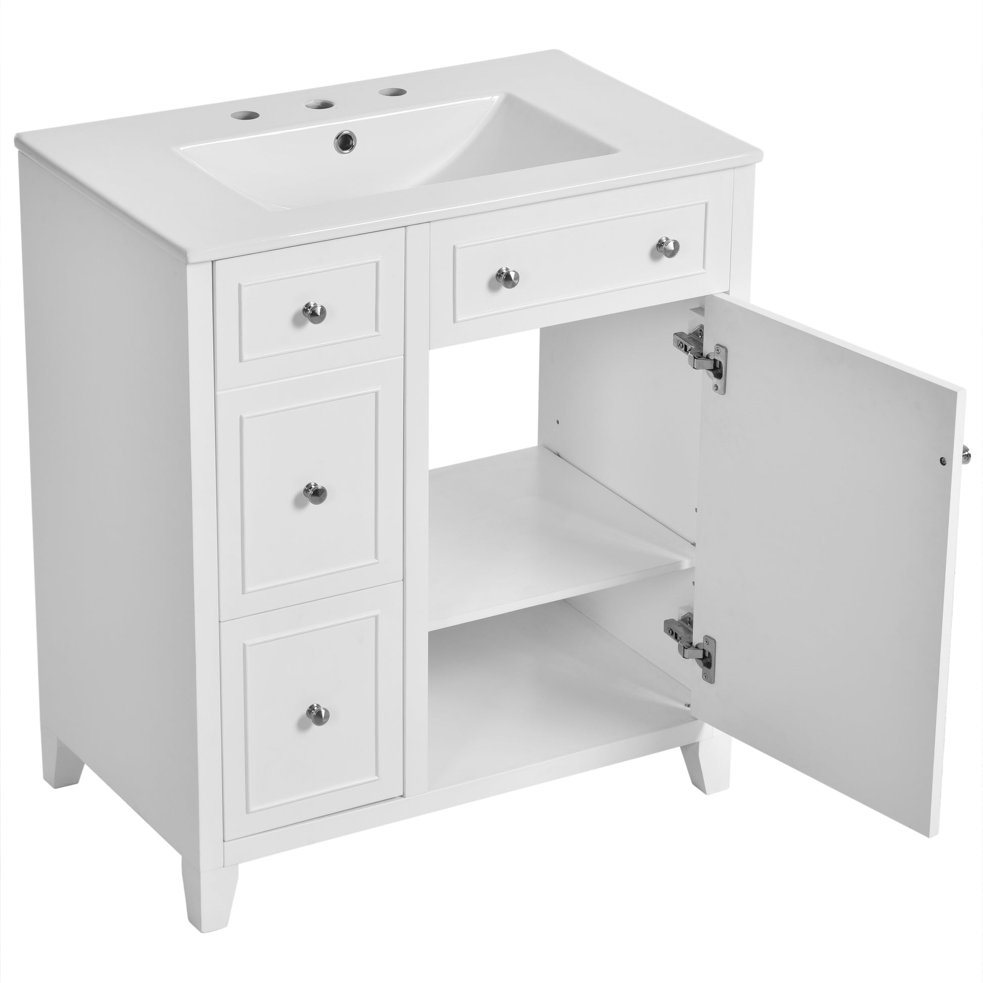 30 Inch Bathroom Vanity Cabinet With Ceramic Basin, Double Layer Drawer, Deep Drawer And Adjustable Shelf White Bathroom Solid Wood Mdf