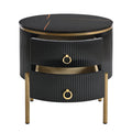 19.6'' Easy Assembly Round End Table With Storage Drawers, Fluted Nightstand With High Gloss Faux Marble Tabletop, Modern Coffee Table With Metal Legs And Handles For Living Room, Black Black Gold Primary Living Space Drawers Round Mdf Iron