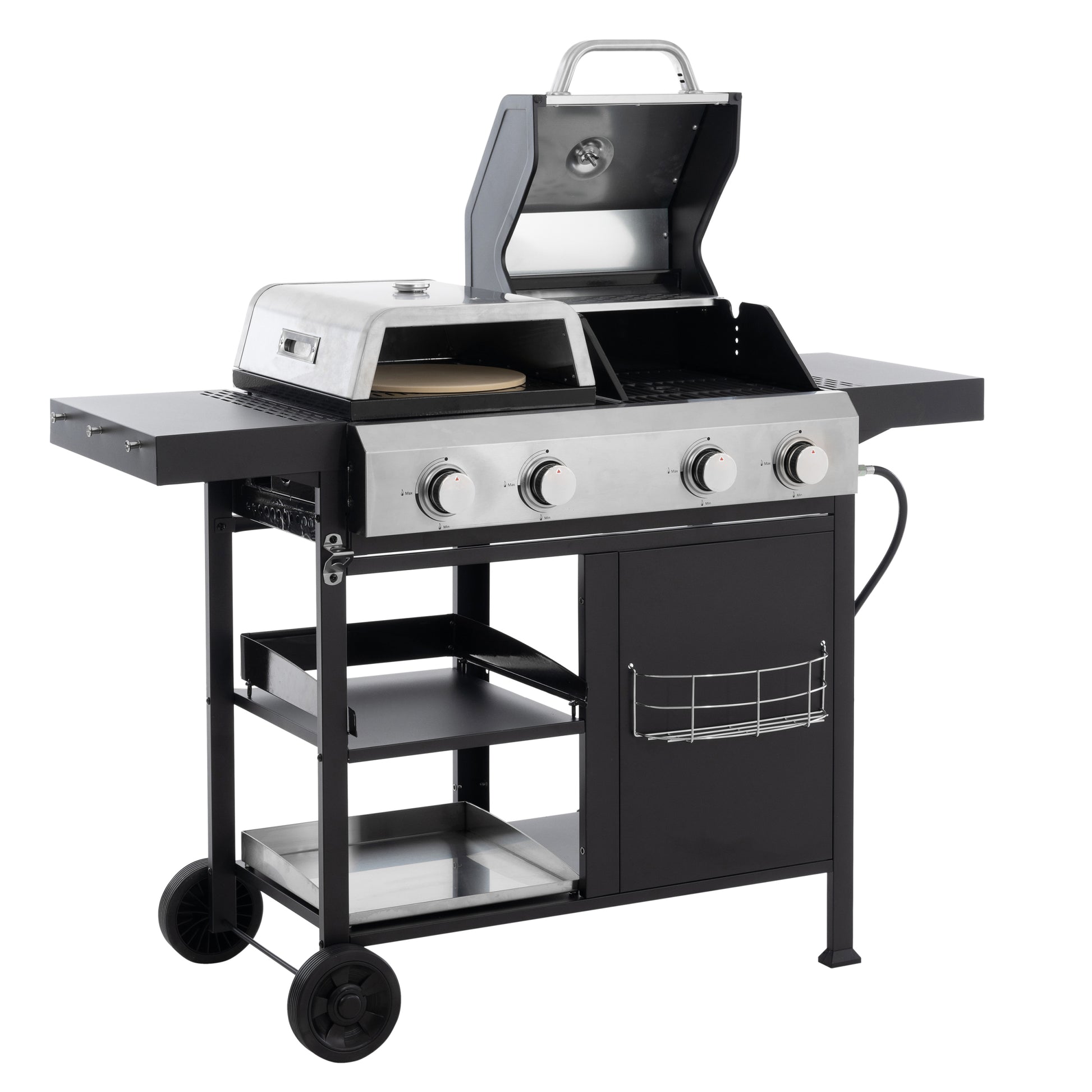 2 2 Multi Function Burner Gas Grill And Griddle Combo With Cover For Outdoor Cooking While Camping Or Tailgating Bbq,Frying,Pizza. Black And Silver Stainless Steel