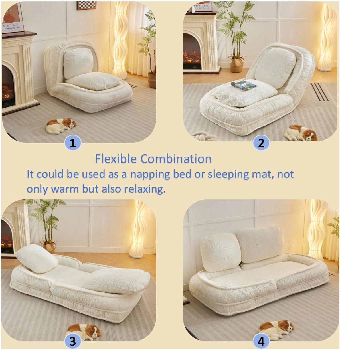 Human Dog Bed ,Lazy Sofa Couch ,5 Adjustable Position,Sit,Sleep,Fold,Suit To Put In Bedroom, Living Room ,Space Saving Design,White White Polyester Metal Primary Living Space Medium Soft Cushion Back Modern Foam Polyester