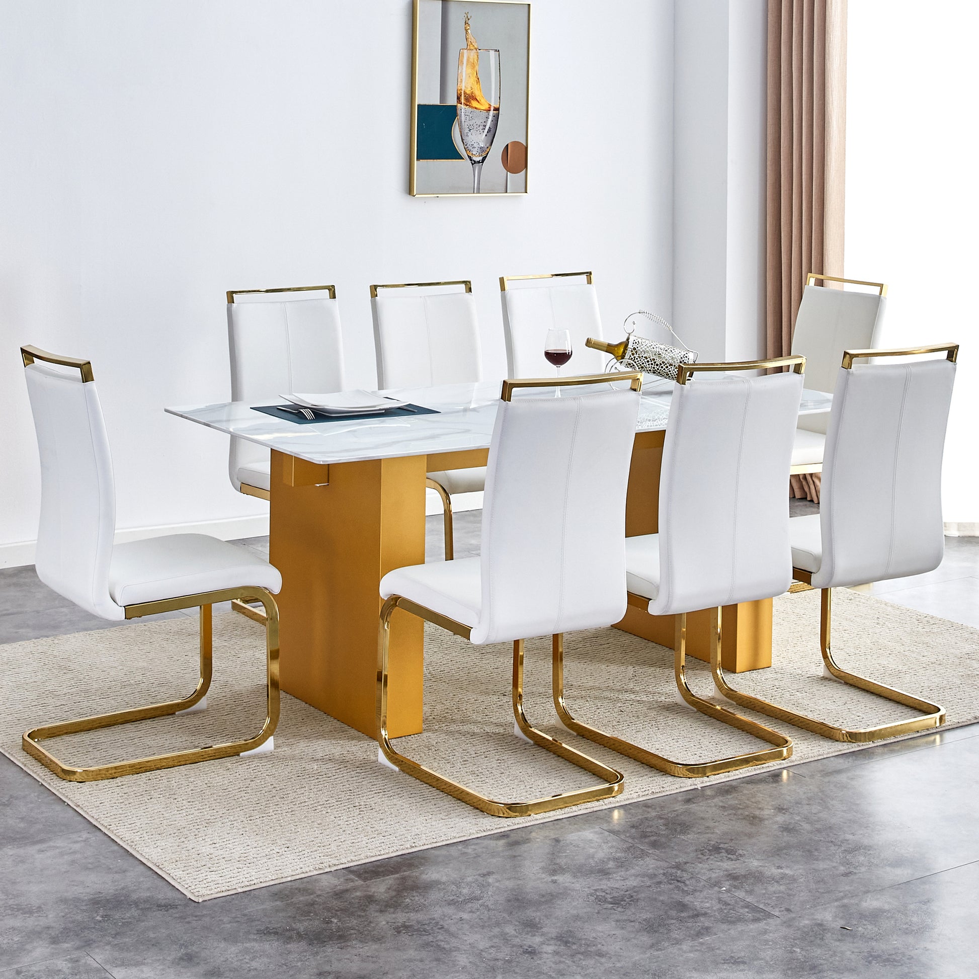 Table And Chair Set.Large Modern Rectangular Table With 0.4 Inch Patterned Glass Tabletop And Large Mdf Table Legs.Comes With 8 Chairs With Faux Leather Cushioned Seats And Golden Metal Legs. Gold White Seats 8 Mdf Glass