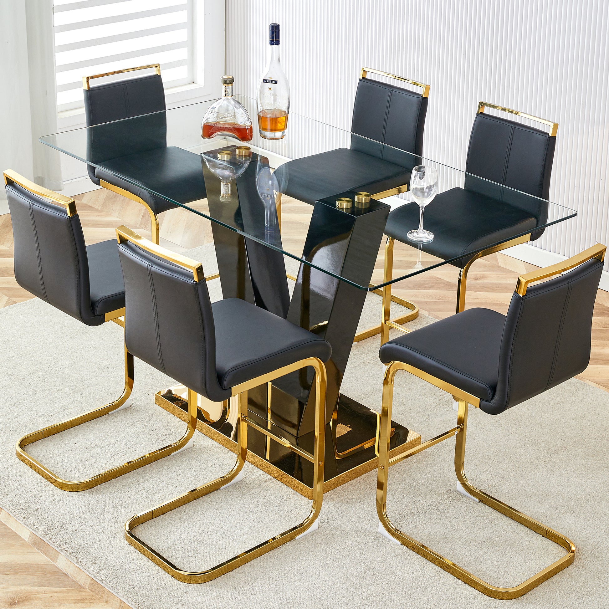 Table And Chair Set,Clear Tempered Glass And Black Legs Of The Table, Pu And Gold Legs Of The Chair Black Seats 6 Tempered Glass