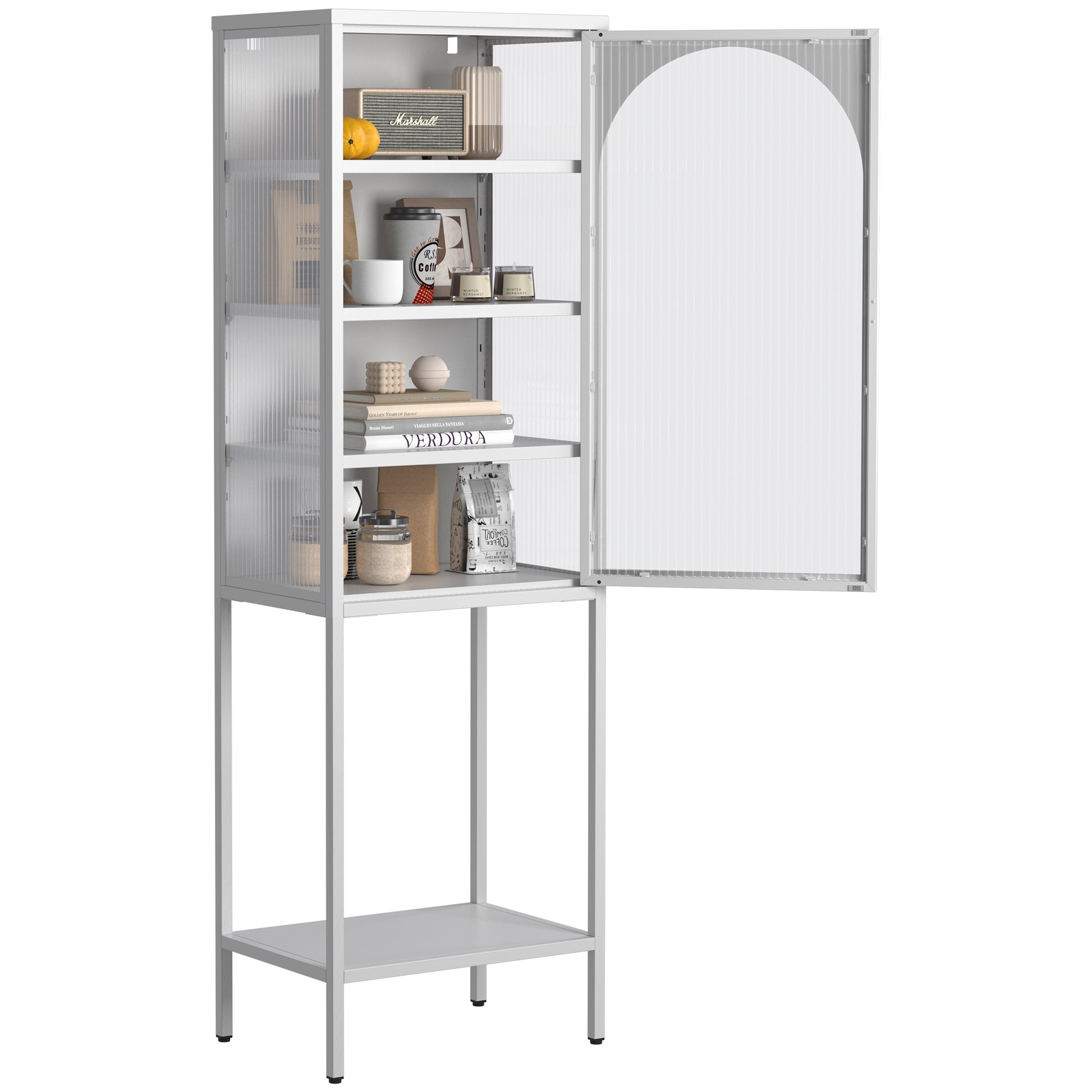 Metal Glass Door Display Storage Cabinet 5 Tier Cube Bookshelf Storage Cabinet With 3 Adjustable Shelves For Kitchen, Dining Room, Living Room, Bathroom, Home Office,White Accent Chests 1 2 Shelves Antique Antique White Primary Living Space Glass Doors