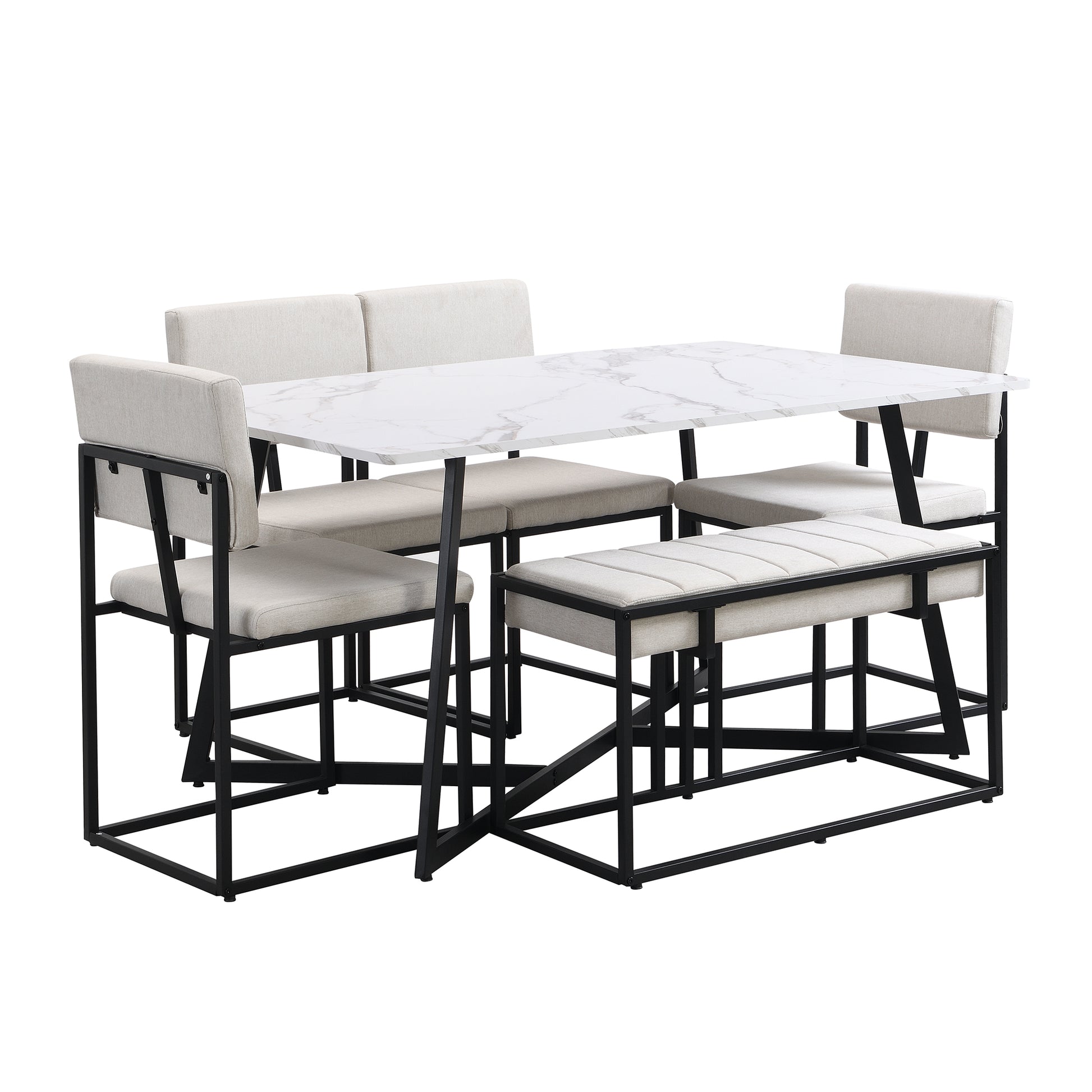 Modern Faux Marble 6 Piece Dining Table Set,60Inch Metal Kitchen Table Set With Upholstered Dining Chairs And Bench, Black Metal Dining Room Bench Seating Rectangular Dining Table With Chair And Bench Metal Wood Black Seats 6 60 Inches Farmhouse Trestle
