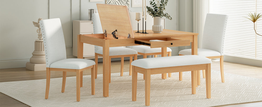 Farmhouse 6 Piece Dining Table Set With Storage Table, Kitchen Table Set With Drawer, Storable Bench And Upholstered Dining Chairs, Natural Beige Wood Dining Room Bench Seating Acacia Rectangular Dining Table With Chair And Bench Upholstered Chair Wood