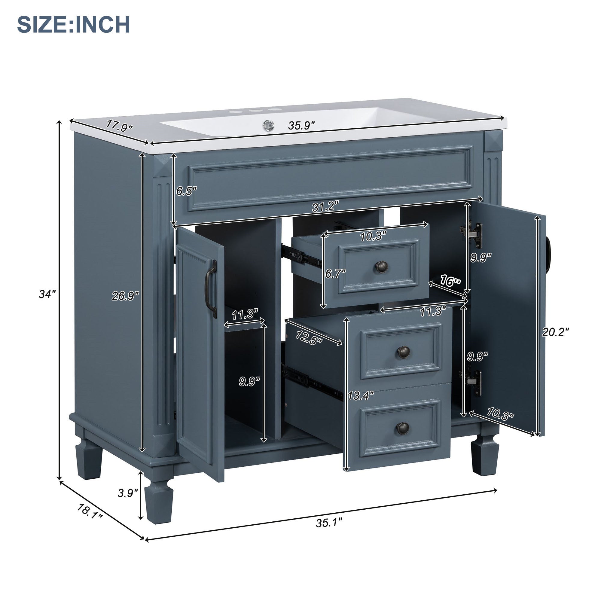 36'' Bathroom Vanity With Top Sink, Modern Bathroom Storage Cabinet Wi
