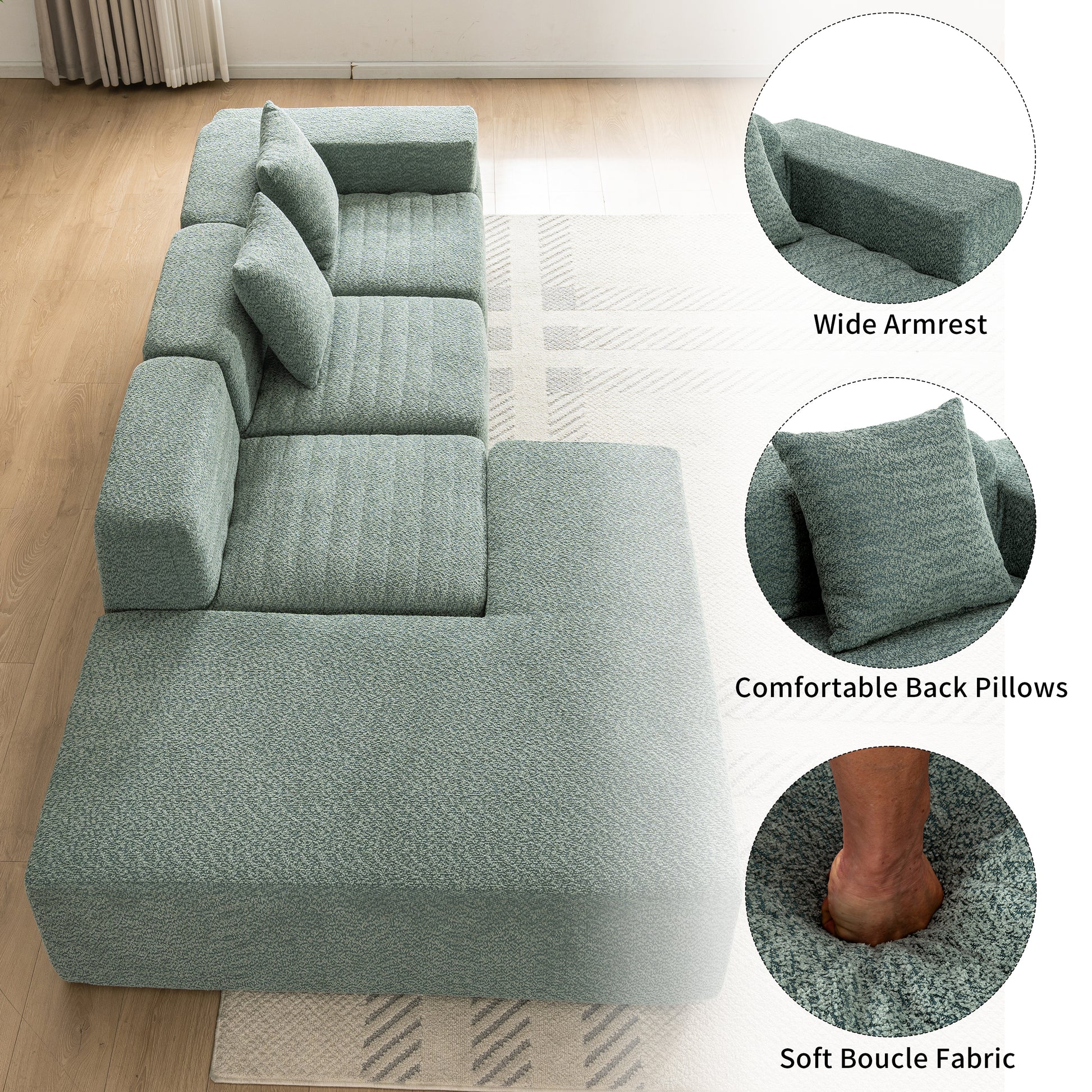 116.5" Sectional Sofa Full Compressed Sofa Couch Free Combined Sofa For Living Room, Green Green Foam Polyester 4 Seat