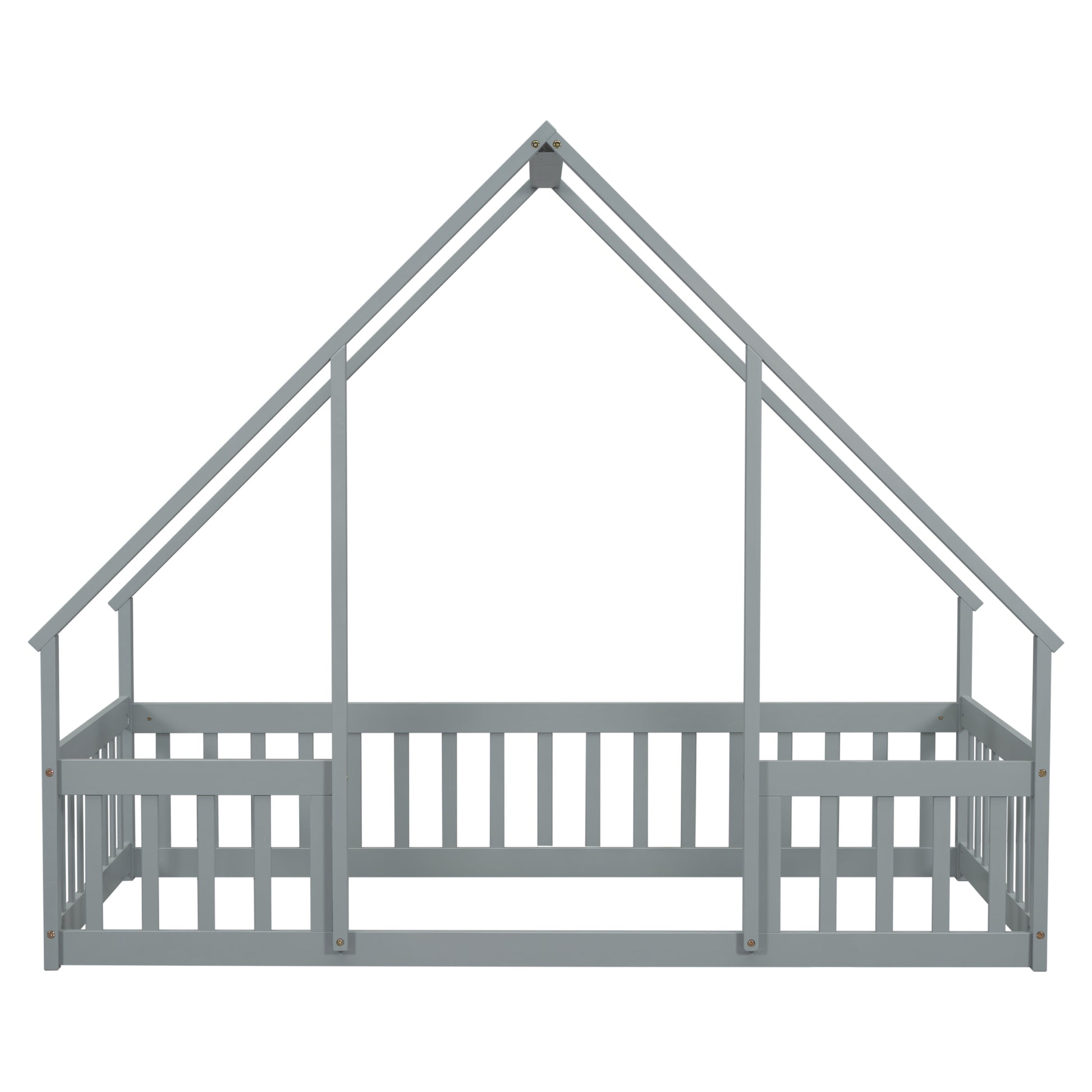 Twin Wood House Shaped Floor Bed With Fence, Guardrails ,Grey Twin Grey American Design Pine