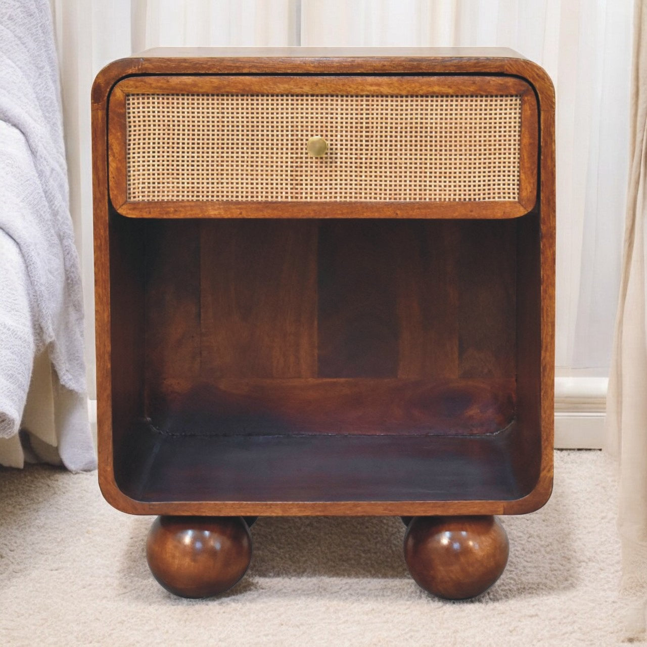 Solid Wood Chestnut Open Woven Bedside Brown Brown 1 Drawer Bedroom Bedside Cabinet Modern Mango Drawers Solid Wood