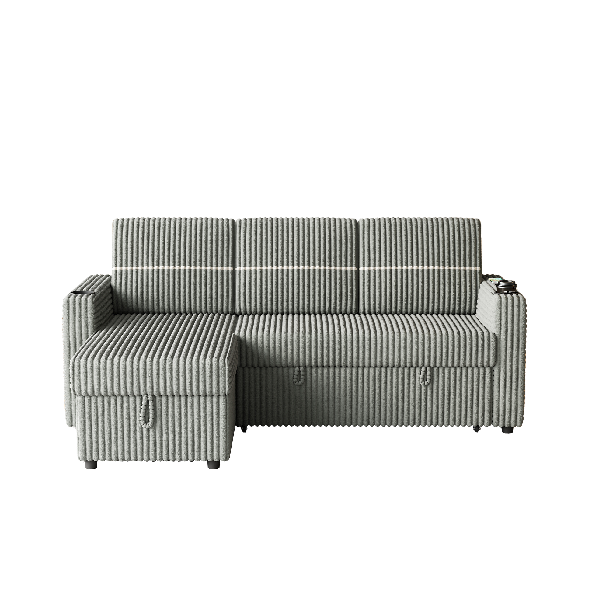 85 Inches Corduroy Sofa Bed, 3 Seater Sleeper Sofa With Storage Chaise, Square Handrail With Two Cup Holder And Usb Charge Port, Pull Out Couch For Living Room Light Grey Corduroy 3 Seat
