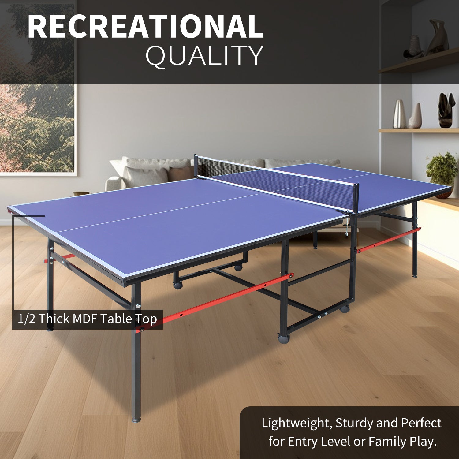 8Ft Mid Size Table Tennis Table Foldable & Portable Ping Pong Table Set For Indoor & Outdoor Games With Net, 2 Table Tennis Paddles And 3 Balls Blue Mdf