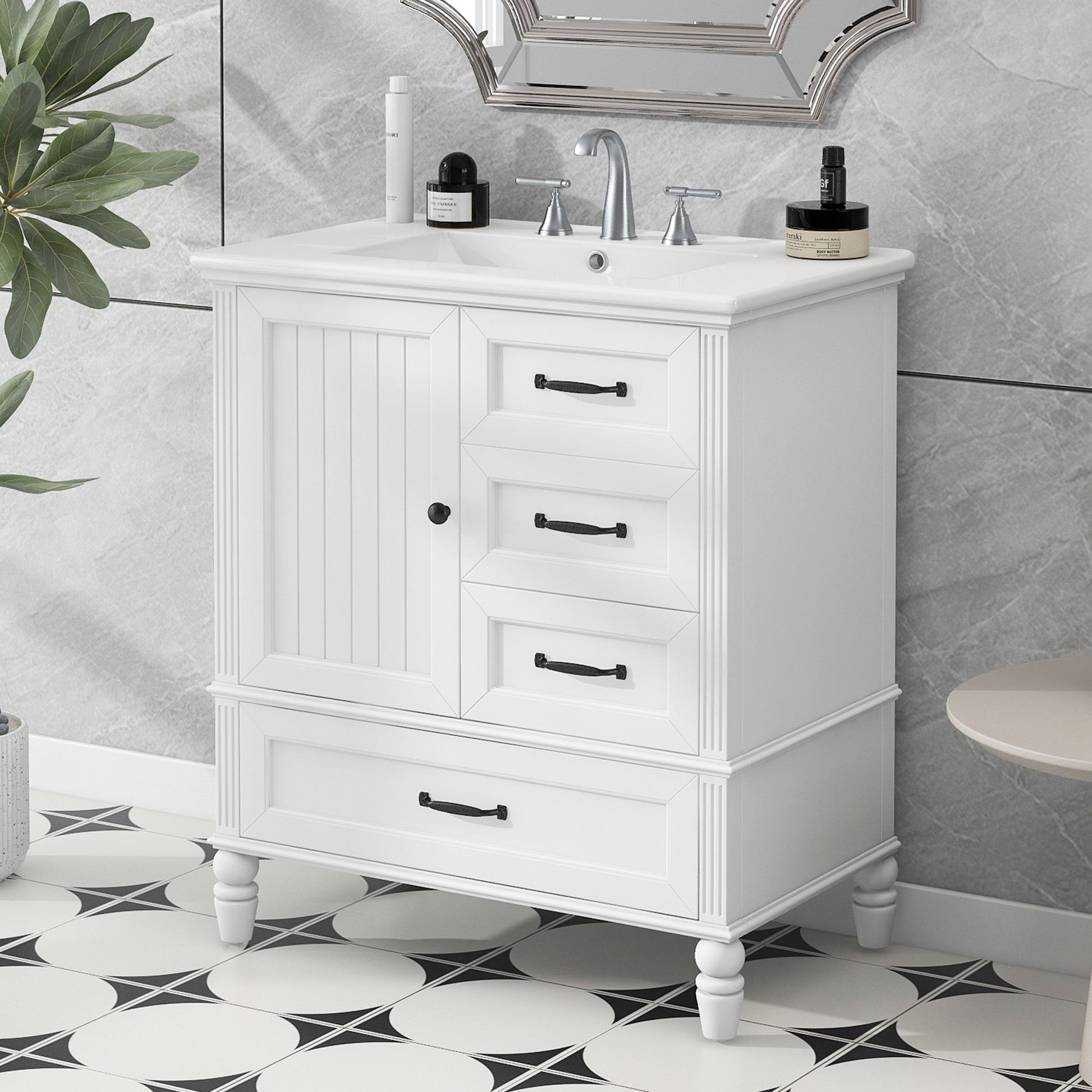 30" Bathroom Vanity With Sink, Bathroom Cabinet With A Door, Three Drawers, Solid Wood Legs & Mdf Board, Adiustable Foot Pads, White White Mdf
