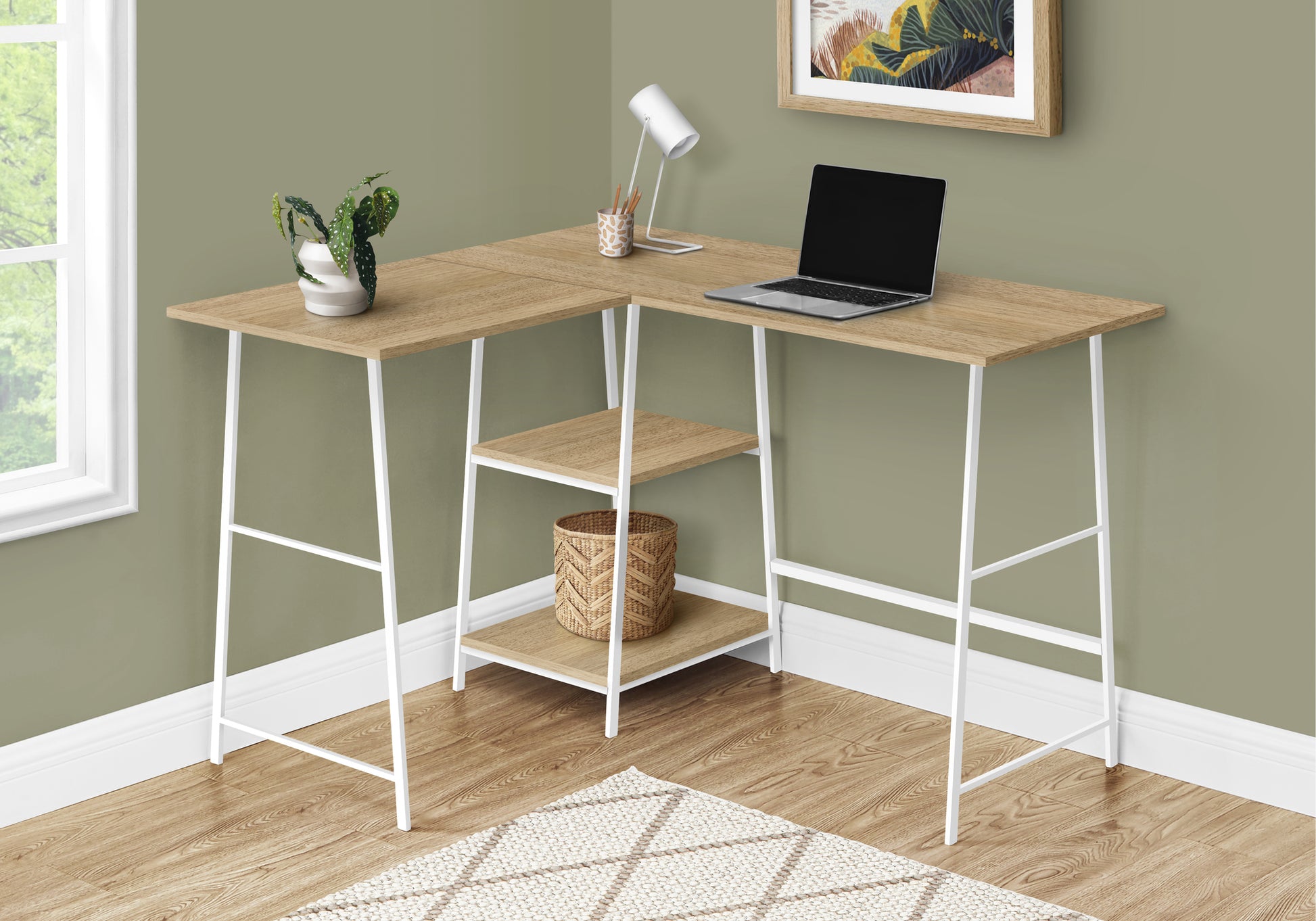 Computer Desk, Home Office, Corner, Storage Shelves, 48"L, L Shape, Work, Laptop, Natural Laminate, White Metal, Contemporary, Modern Natural Metal