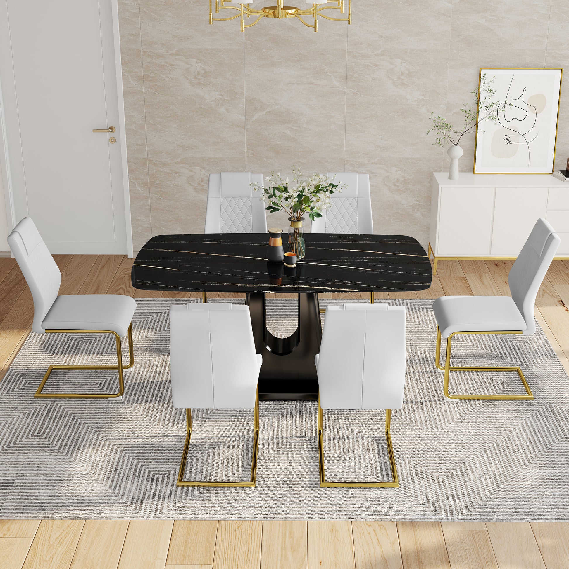 Table And Chair Set, Minimalist Dining Table, Imitation Marble Patterned Glass Tabletop, Mdf Legs With U Shaped Brackets. Paired With Comfortable Chairs, Suitable For Dining And Living Rooms. Black Gold Mdf Glass