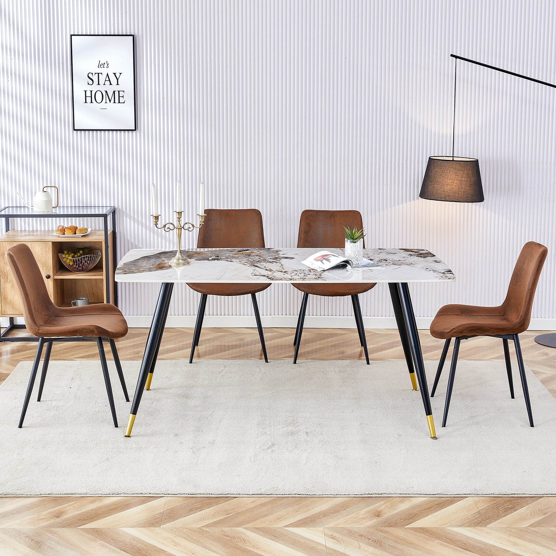 Table And Chair Set,Imitation Marble Texture Rock Board Table Top, Black Metal Table Legs, Stable And Beautiful. Modern Simple Dining Table, Comfortable Seating. Brown White Seats 4 Metal