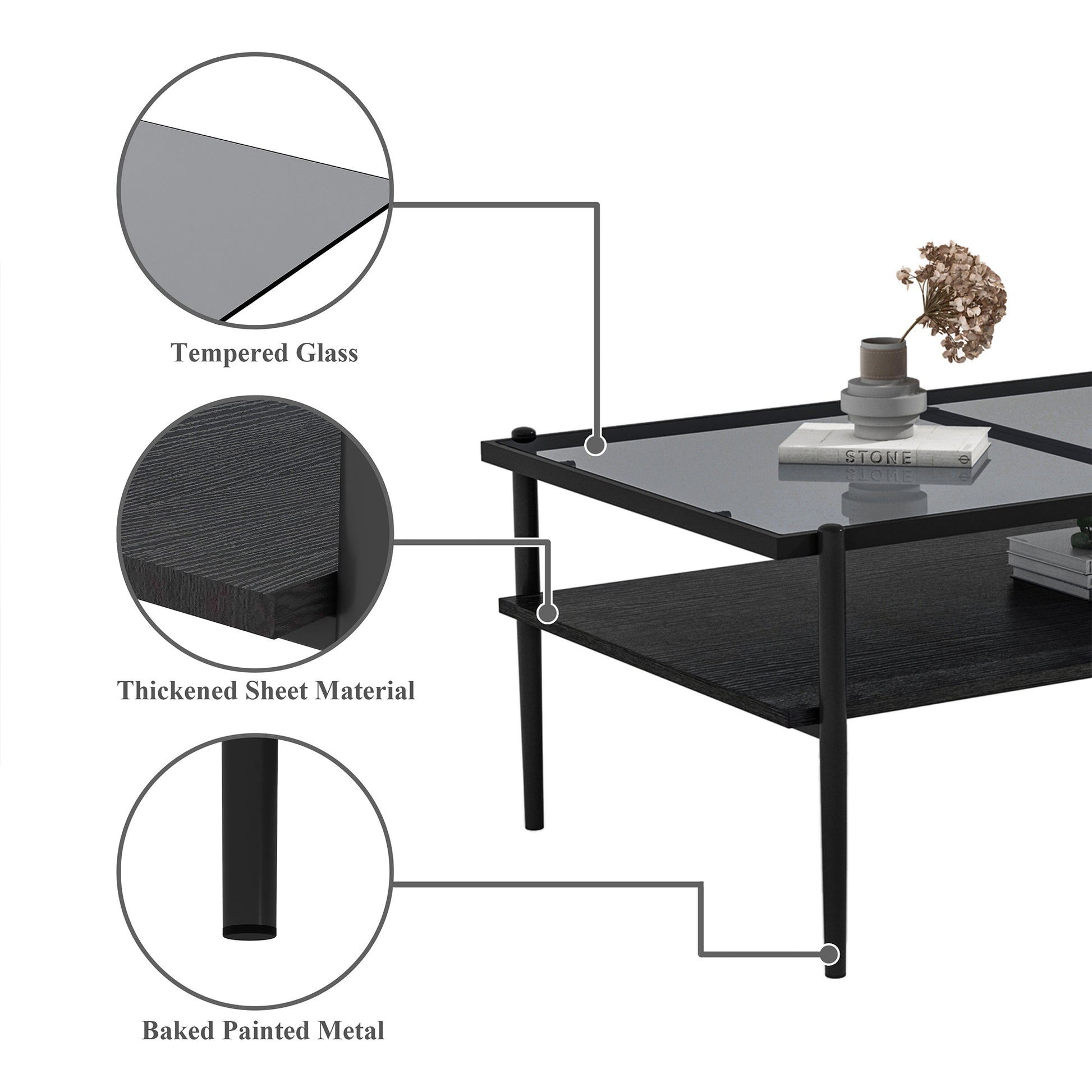 Rectangle Coffee Table With Gray Tempered Glass Top And Black Legs,Modern Table For Living Room Gray Tempered Glass