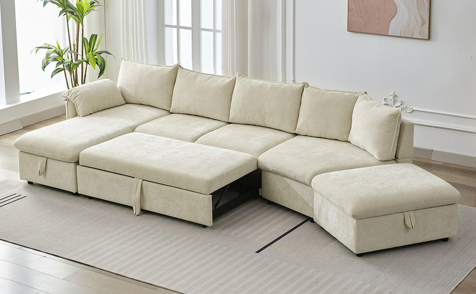 146.9" L Shaped Sofa Sectional Sofa Couch Pull Out Sofa Bed With A Movable Storage Ottoman, A Storage Chaise Lounge And Two Usb Ports For Living Room, Beige Beige Foam Linen 5 Seat