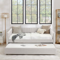 Full Size Daybed With Trundle Upholstered Sofa Bed, With Vertical Stripes, Linen Fabric, Beige 82.5