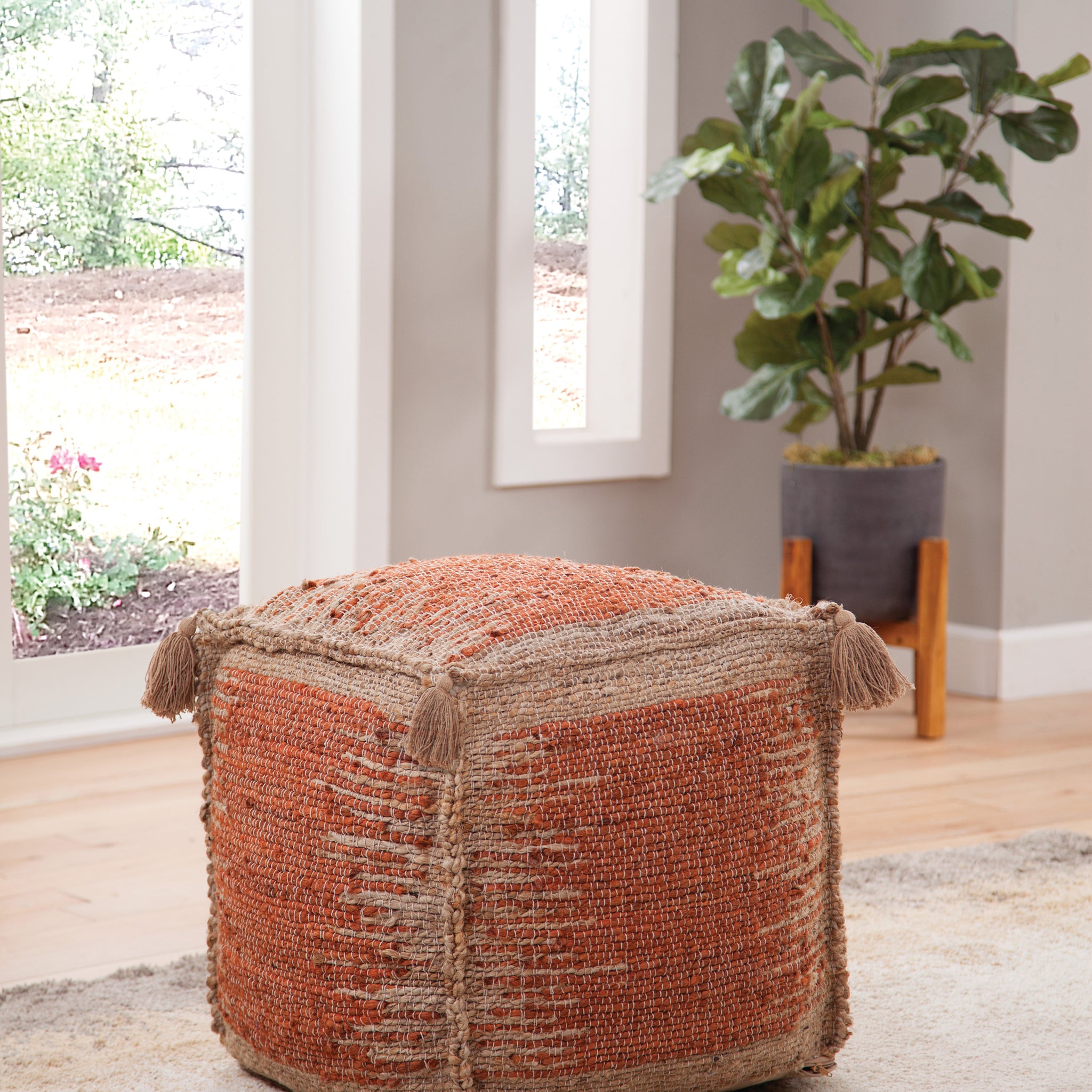 Jafar Square Handwoven Jute Pouf Red Red Fabric