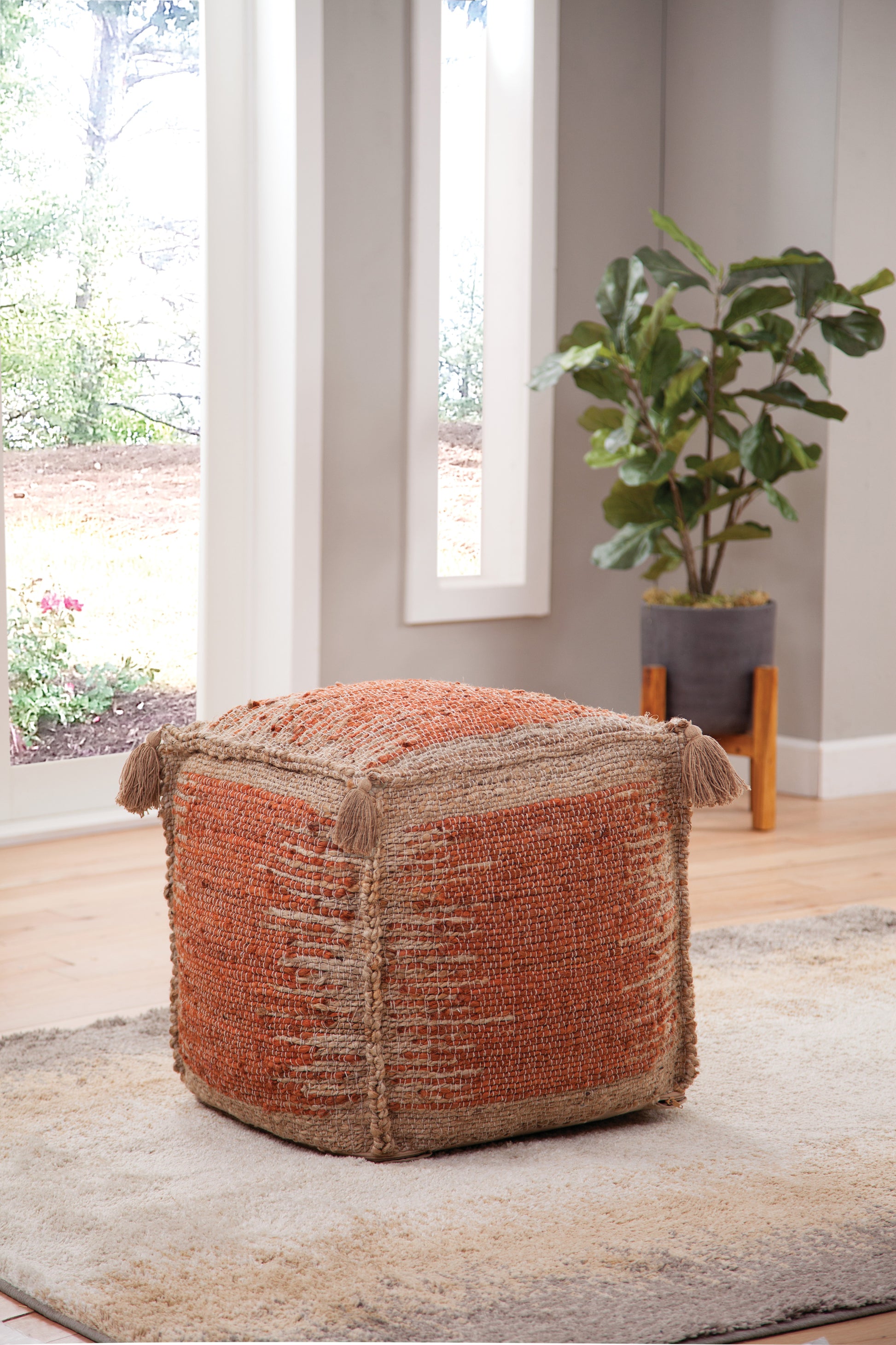 Jafar Square Handwoven Jute Pouf Red Red Fabric