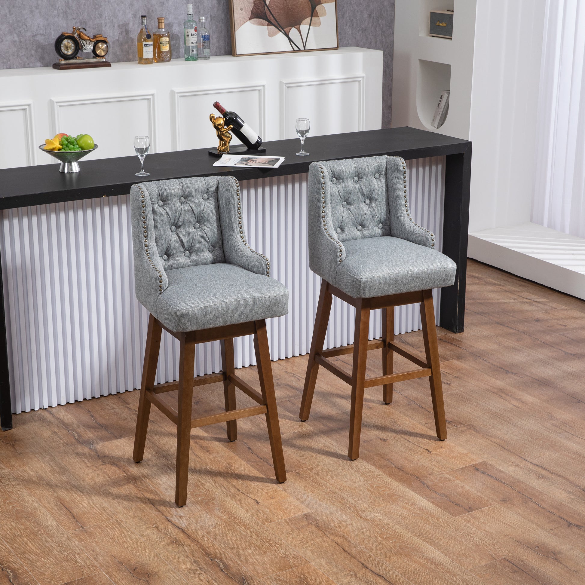 Coolmore Bar Stools Set Of 2 Counter Height Chairs With Footrest For Kitchen, Dining Room And 360 Degree Solid Wood Legs Swivel Bar Stools Set Of 2 Gray Linen Gray Foam Linen