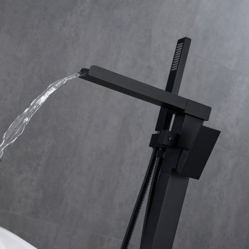 Matte Black Freestanding Tub Filler Floor Mount Faucet With Handheld Shower And Waterfall Spout Matte Black Brass