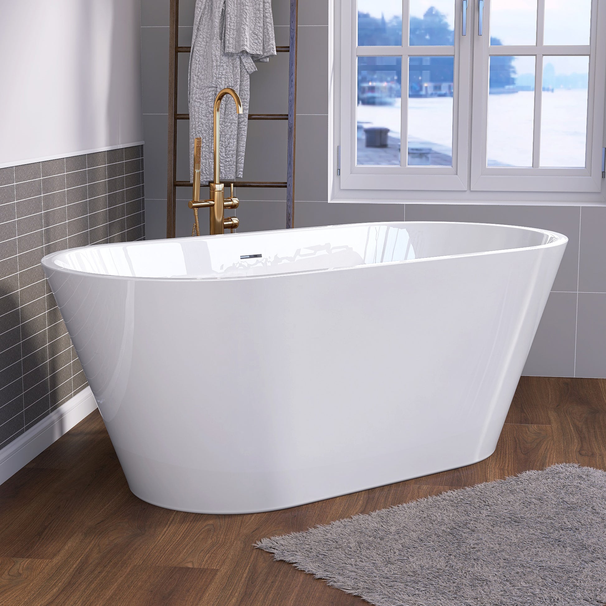 55 Inch Acrylic Freestanding Bathtub Contemporary Soaking White Tub With Overflow And Pop Up Drain Gloss White Gloss White Oval Bathroom Freestanding Tubs Polished Less Than 59 In Contemporary,Modern Soaking Center Fiberglass Acrylic