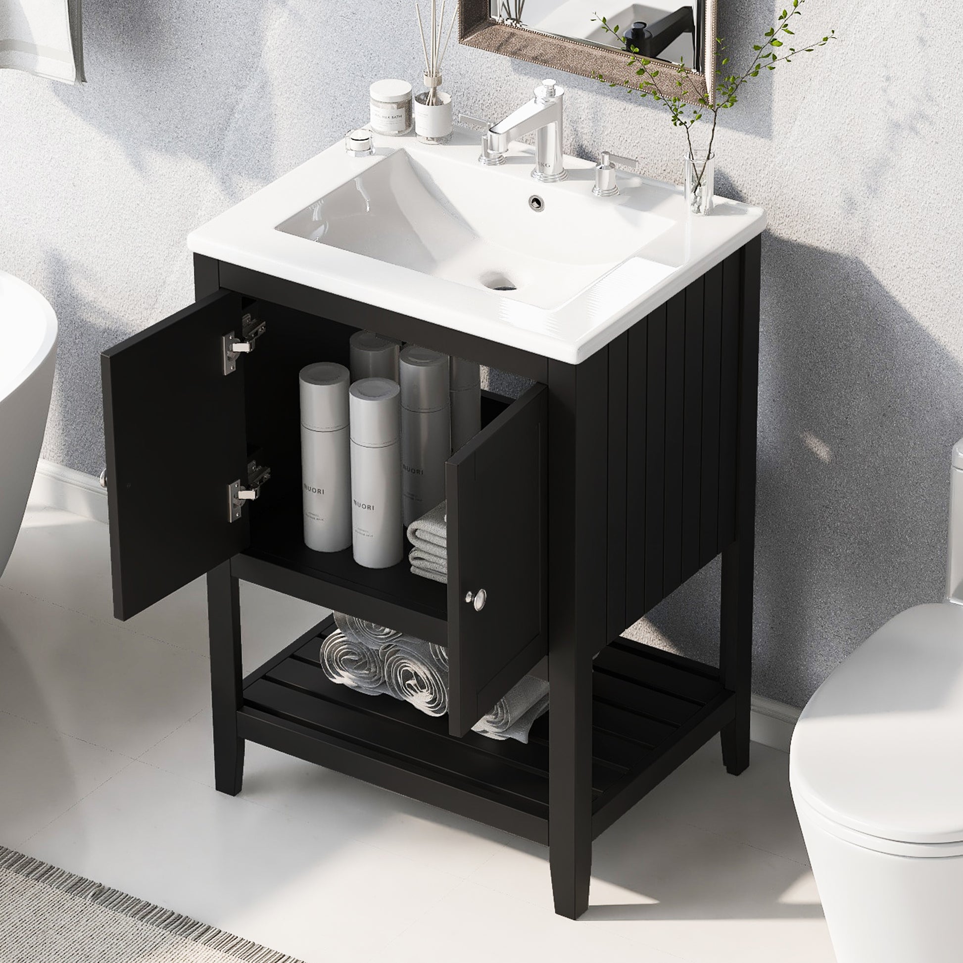 Video 24" Black Modern Sleek Bathroom Vanity Elegant Ceramic Sink With Solid Wood Frame Open Style Shelf Black Solid Wood Mdf