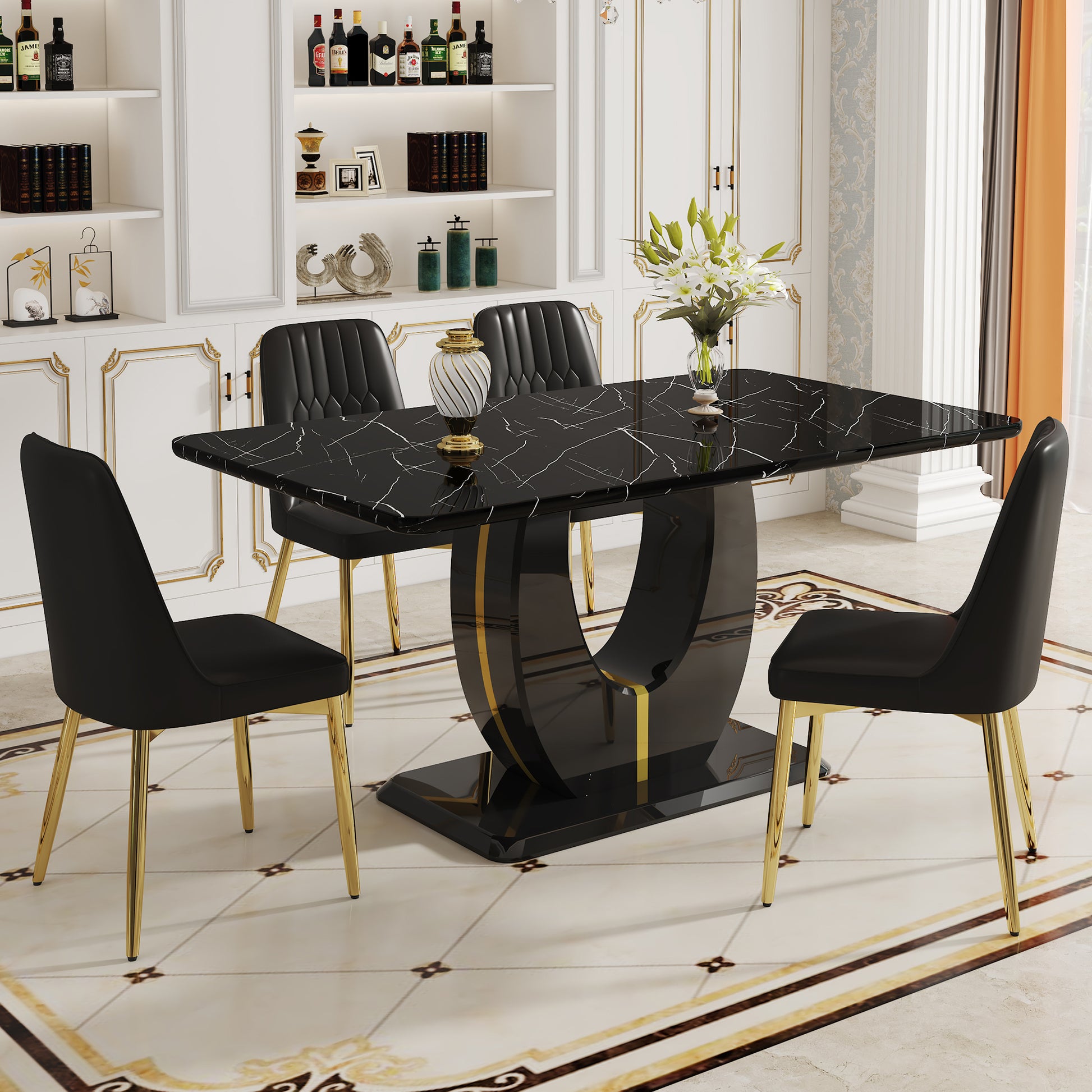 Table And Chair Set.63"W X 37"D X 30"H Black Marble Mdf Diningtable Set With 4 Black Pu Chairs With Gold Metal Legs.Bring A Comfortable Home Experience To The Kitchen, Bedroom, And Office.