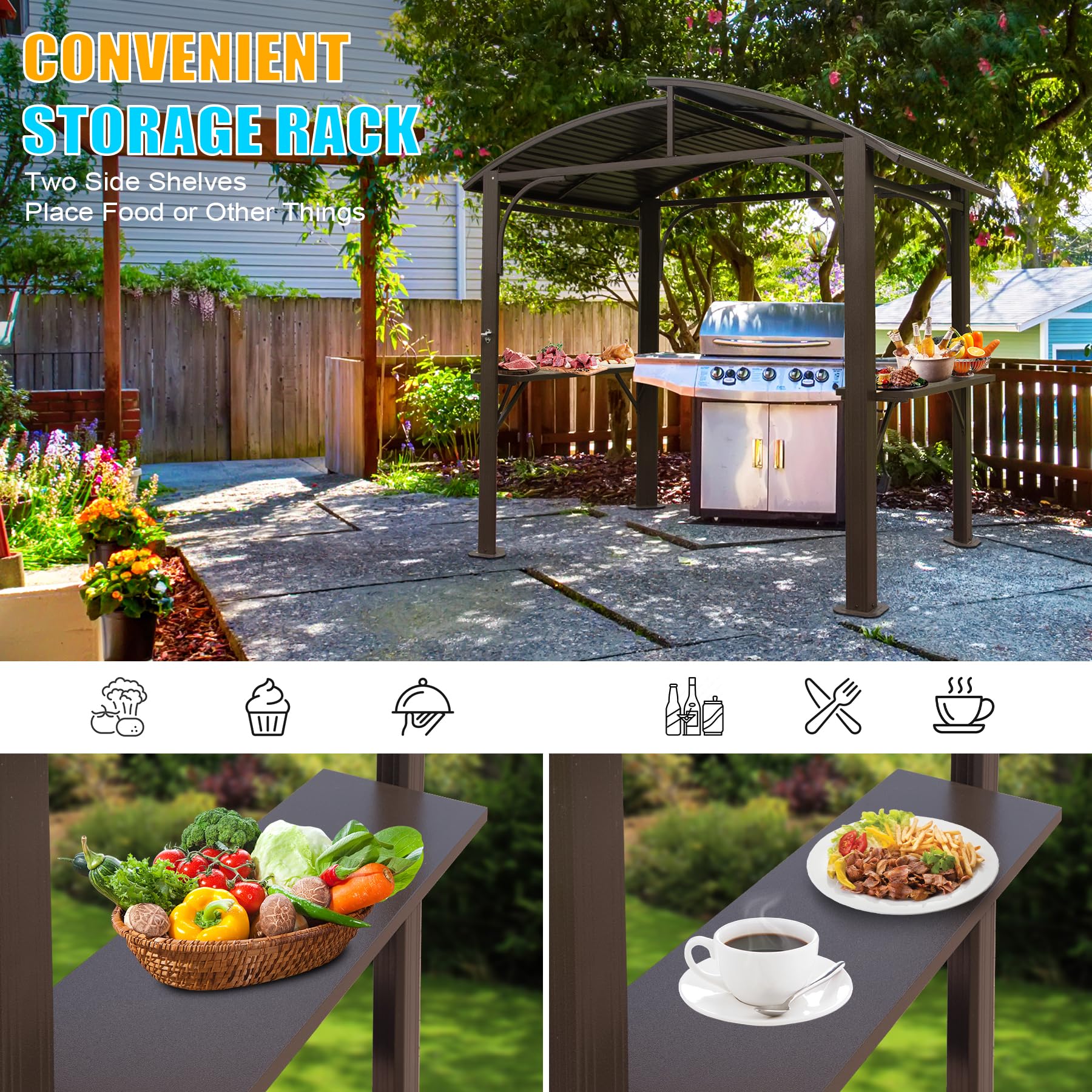 8X5Ft Arc Roof, Grill Canopy For Outdoor Grill W Double Galvanized Steel Roof And 2 Side Shelves, Bbq Gazebo Grill Tent For Patio Garden Backyard, Brown Brown Garden & Outdoor Uv Resistant Metal