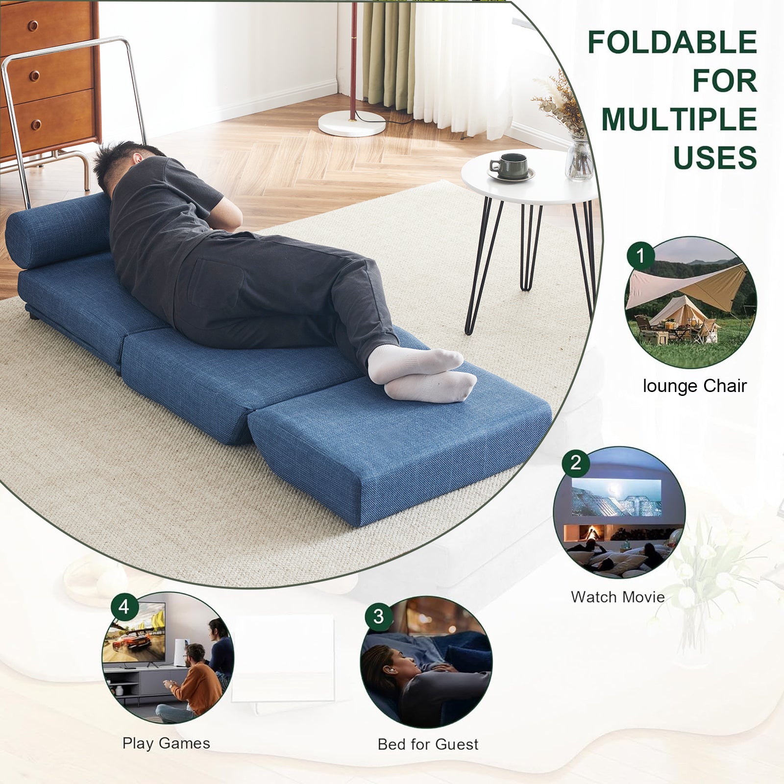Single Sofa Chair Foldable Single Sofa Bed With Pillow,Portable Foldable Sofa Bed,Leisure Sofa Chair,Easy To Store,Made Ofand Wearable Linen Blue Modern Foam Linen