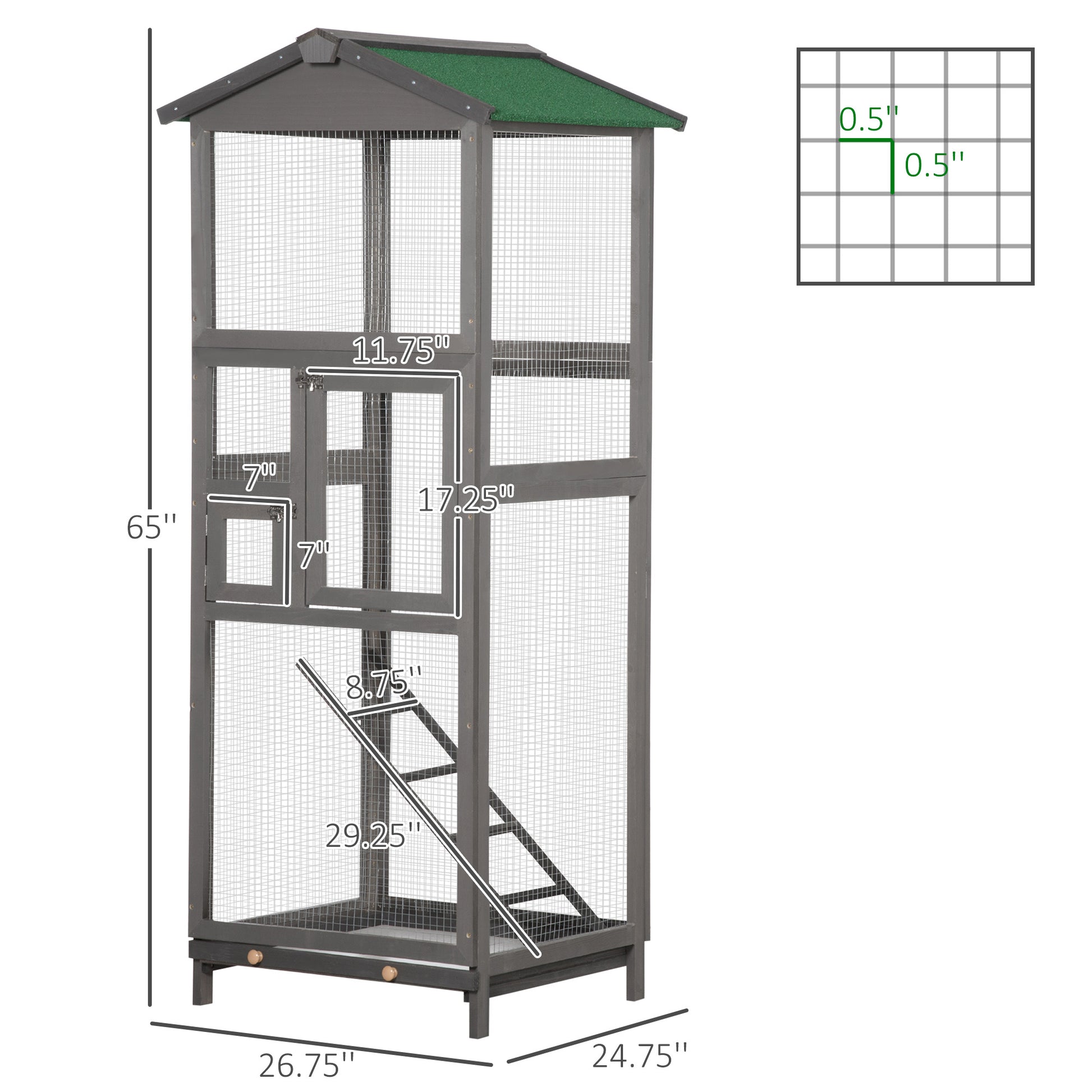 Pawhut 65" Wooden Bird Cage Outdoor Aviary House For Parrot, Parakeet, With Pull Out Tray And 2 Doors, Grey Gray Wood