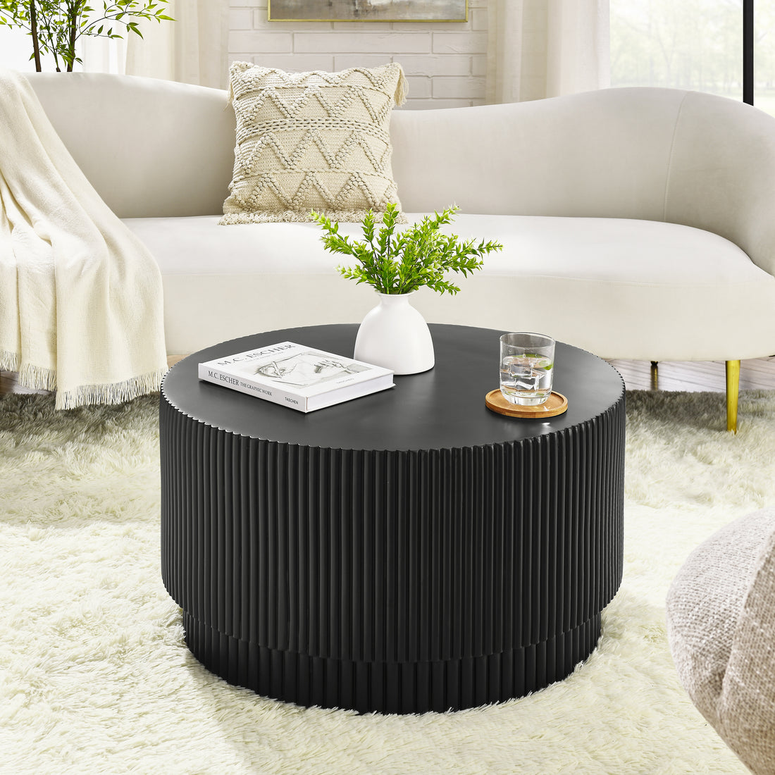 15.72 Inch H Barrel Coffee Table, Nordic Style, Simple Design, Suitable For Indoor And Outdoor Use, Magnesium Oxide Material, Suitable For Living Room, Bedroom Or Garden Sofa Black Magnesium Oxide