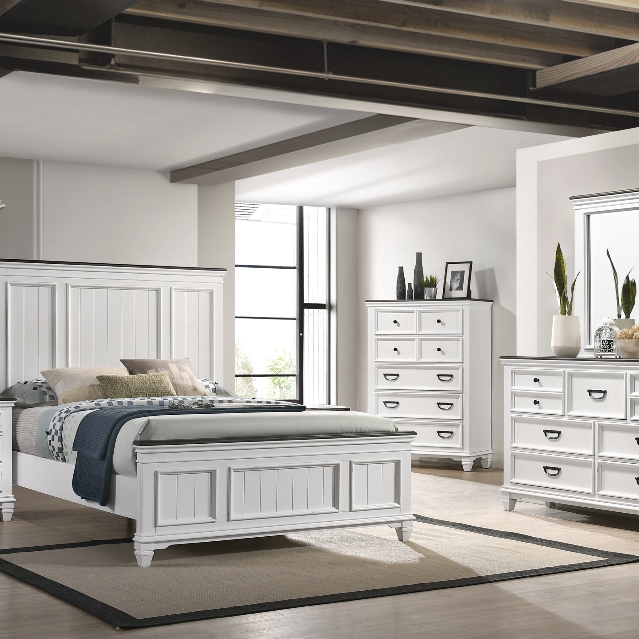 Clelane Wood Bedroom 5 Piece Set With Lap Panel Queen Bed, Dresser, Mirror, Nightstand, And Chest Box Spring Required Queen Antique White Gray Wood White 5 Piece Set Bedroom Bed Included,Chest Included,Dresser Included,Mirror Included,Nightstand Included