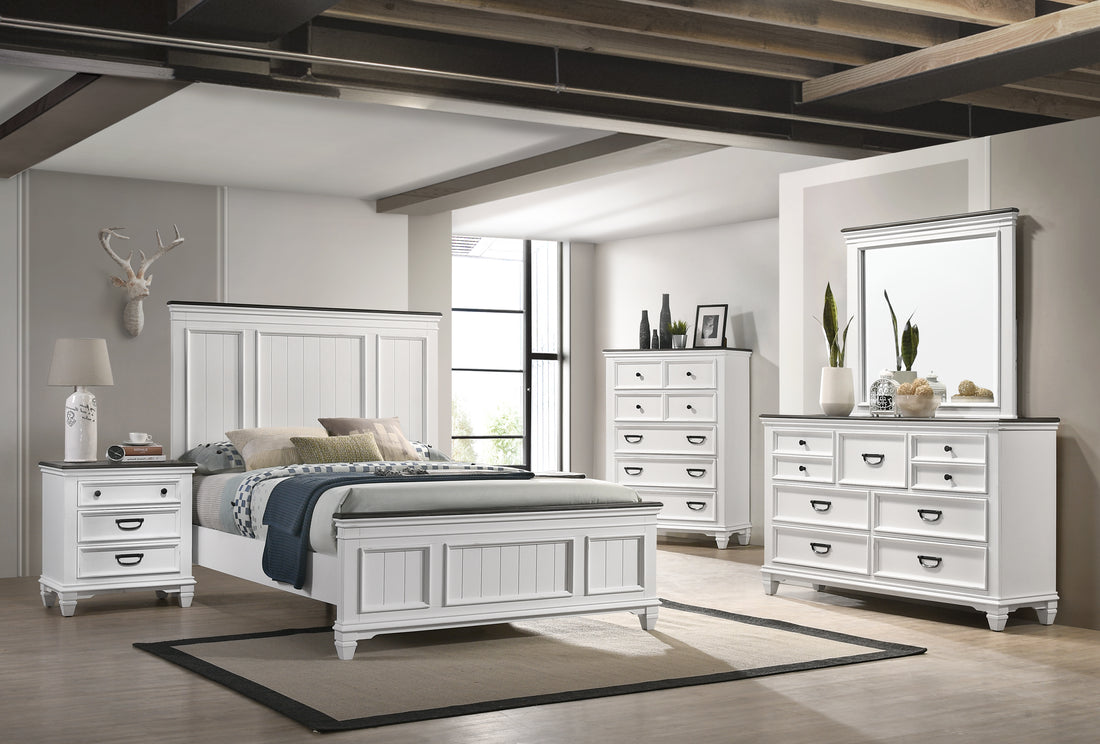 Clelane Wood Bedroom 5 Piece Set With Lap Panel Queen Bed, Dresser, Mirror, Nightstand, And Chest Box Spring Required Queen Antique White Gray Wood White 5 Piece Set Bedroom Bed Included,Chest Included,Dresser Included,Mirror Included,Nightstand Included