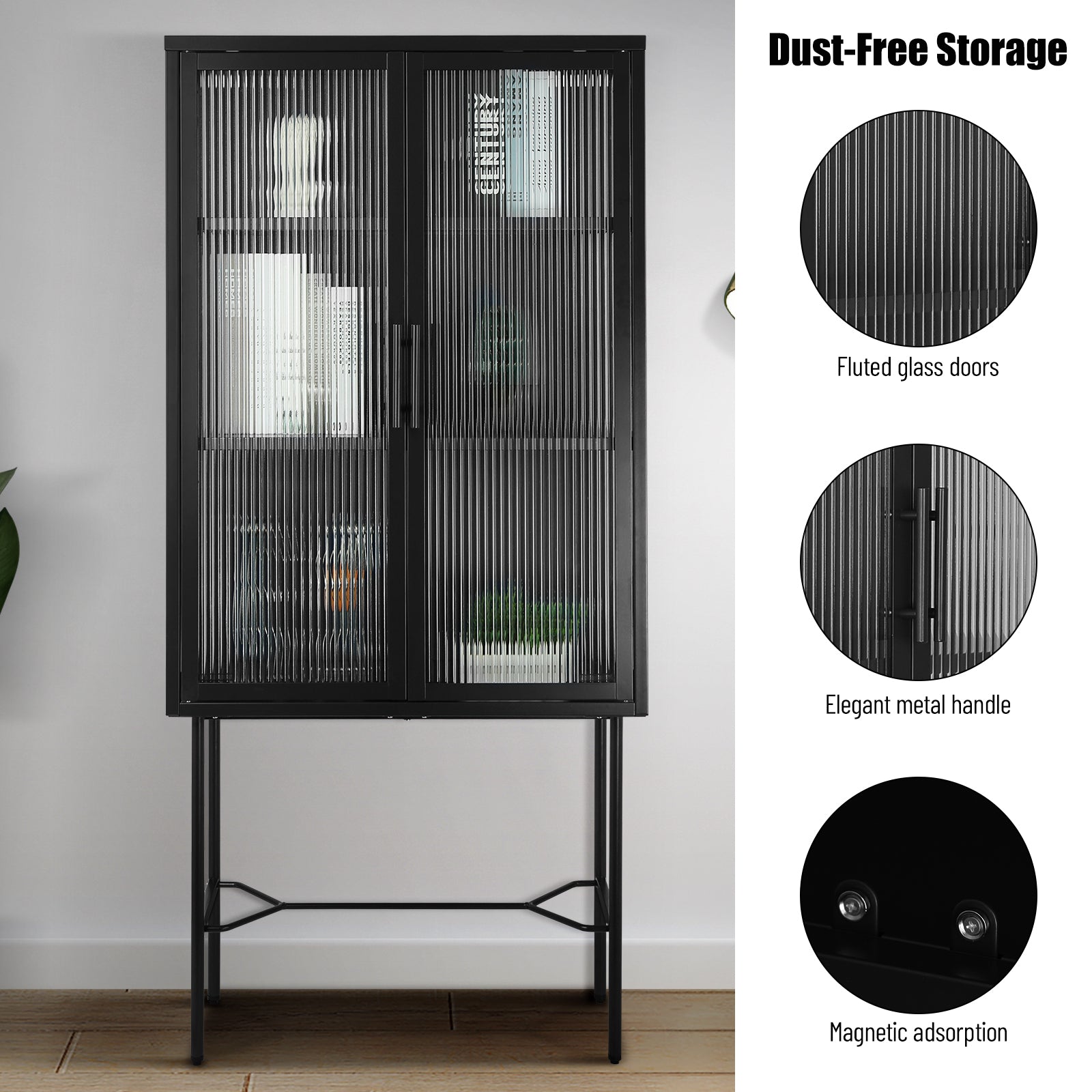 Elegant Floor Cabinet With 2 Tampered Glass Doors Living Room Display Cabinet With Adjustable Shelves Anti Tip Dust Free Easy Assembly Black Color Black Steel