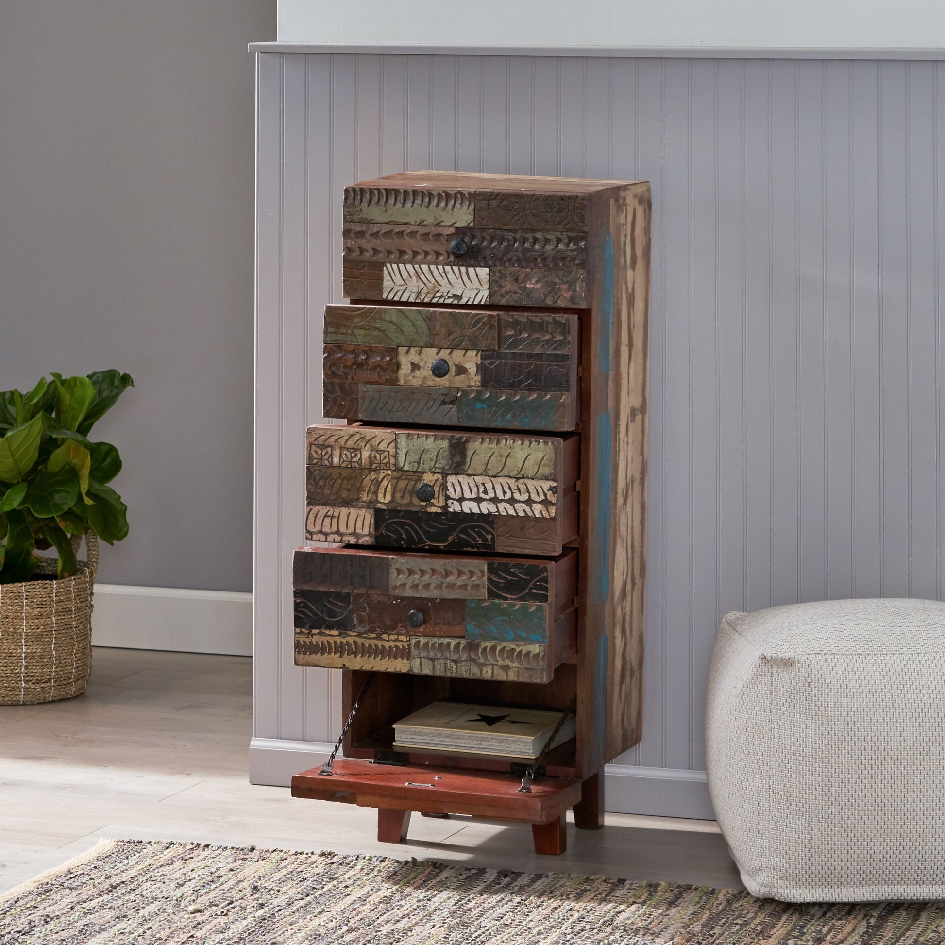 Wooden 4 Drawer With 1 Door Cabinet Natural Wood