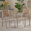 Outdoor Modern Aluminum Dining Chair With Faux Wood Seat Set Of 2 , Natural And Silver Natural Aluminium
