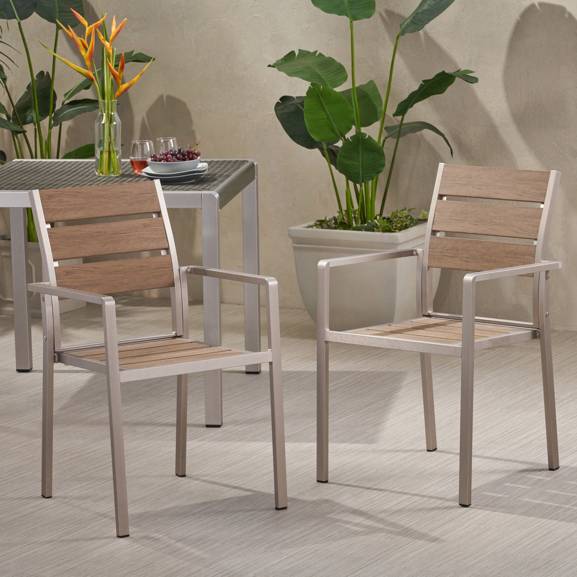 Outdoor Modern Aluminum Dining Chair With Faux Wood Seat Set Of 2 , Natural And Silver Natural Aluminium