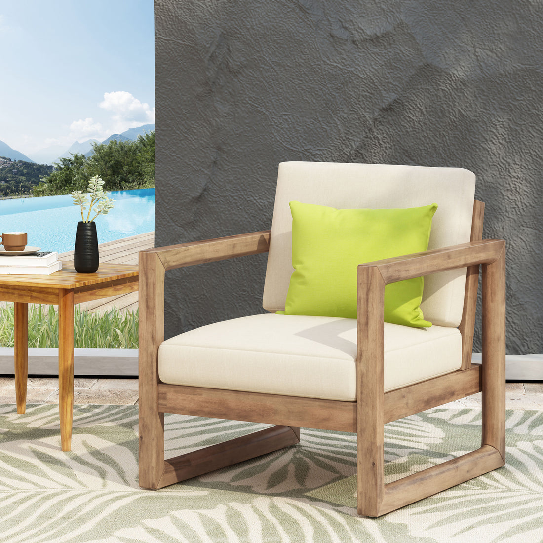 Outdoor Acacia Wood Club Chair With Cushions, Brown And Beige, 29.5'' D X 27.5'' W X 31.5'' H Brown Beige Acacia Wood