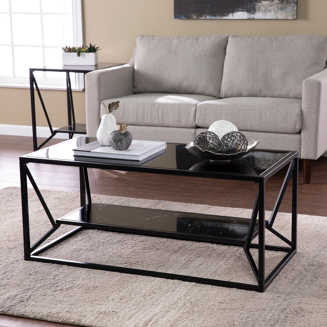 Argall Glass Top Cocktail Table W Storage Black Iron