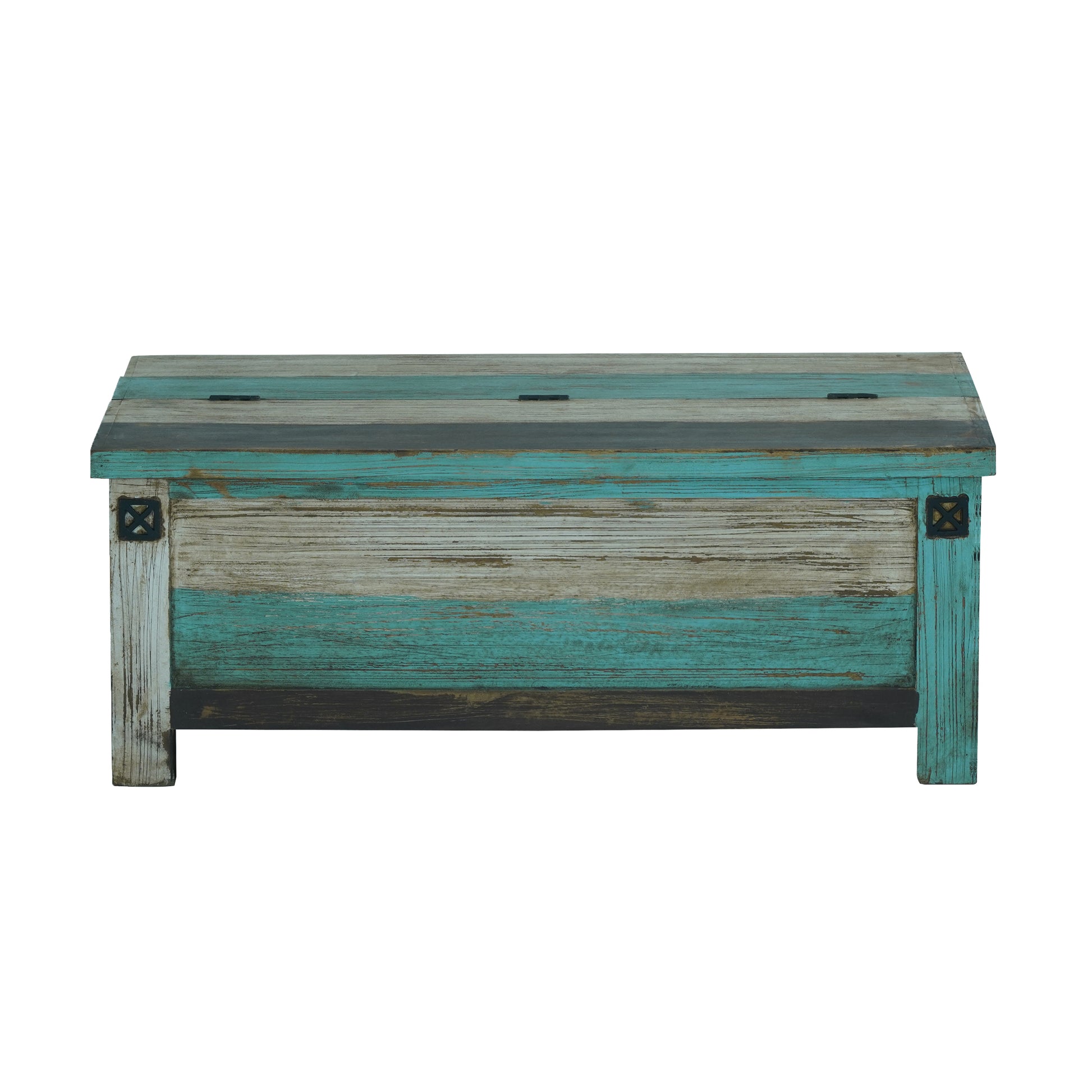 Mango Wood Handmade Distressed Storage Coffee Table Multicolor Metal & Wood