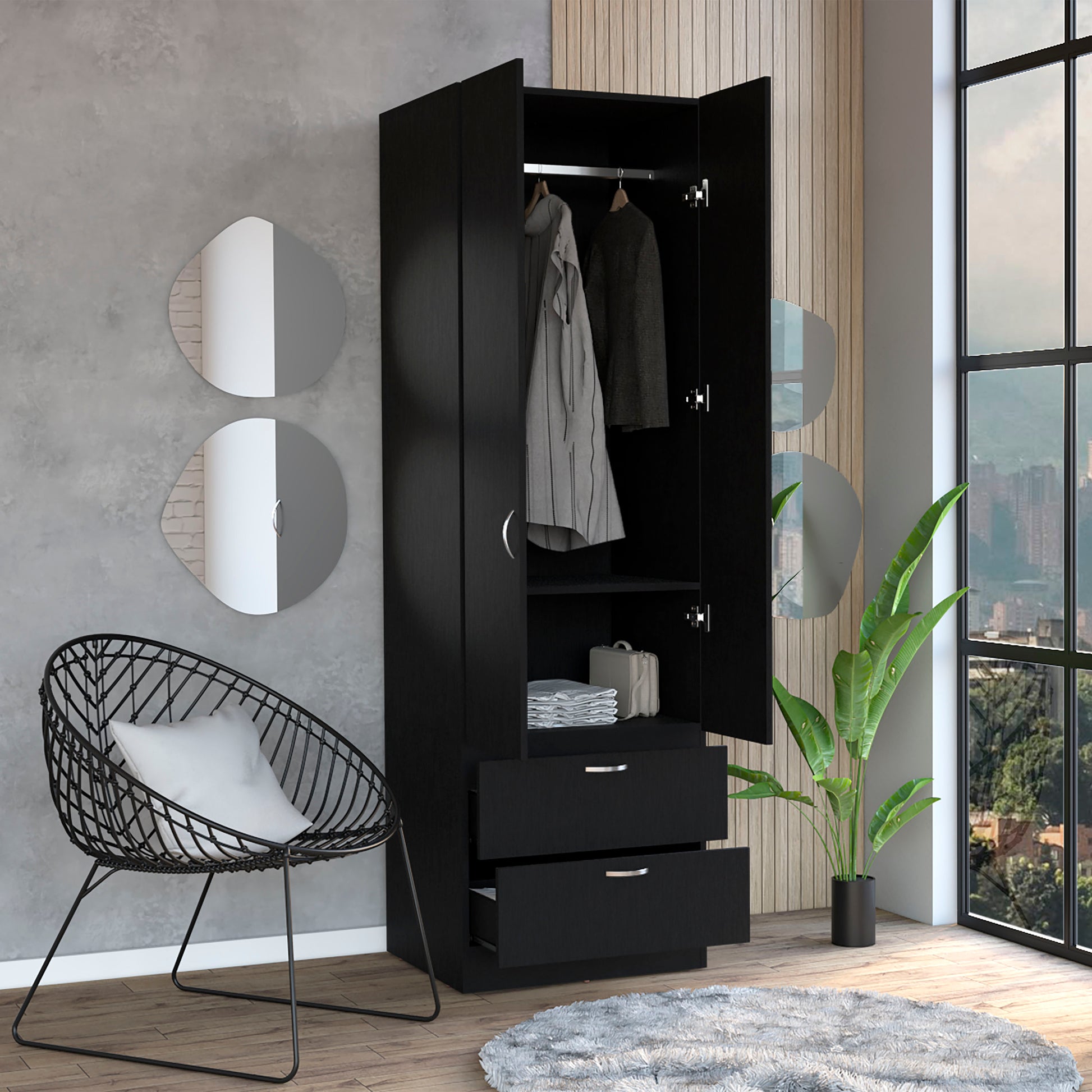 Vico 76" High Armoire Wardrove Closet With 2 Drawers, Double Door Cabinetone Shelf And Hanging Rod, Bedroom Clothes Storage Cabinet Organizer Black Bedroom Modern Particle Board Engineered Wood