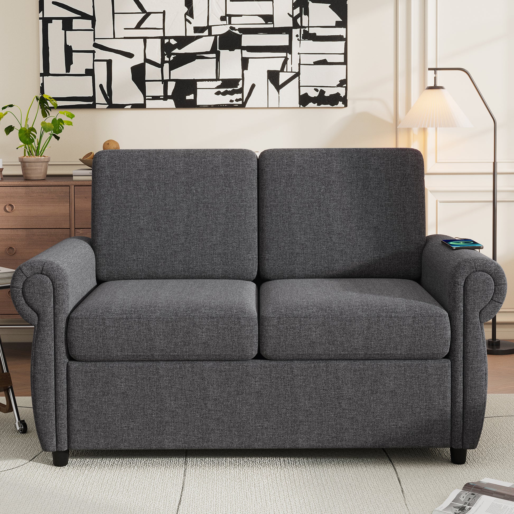 57.9" Orisfur Pull Out Sofa Bed Loveseat Sleeper With Twin Size Memory Mattress With Two Usb Ports For Living Room Spaces Old Sku:Wf305474Aae , Grey Grey Foam Linen